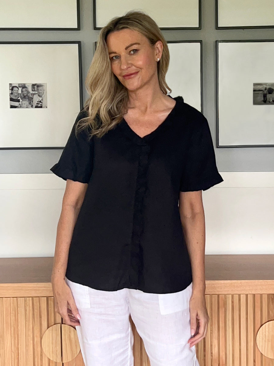 Tiffany Ruffle Linen Top - Black – RC & Co