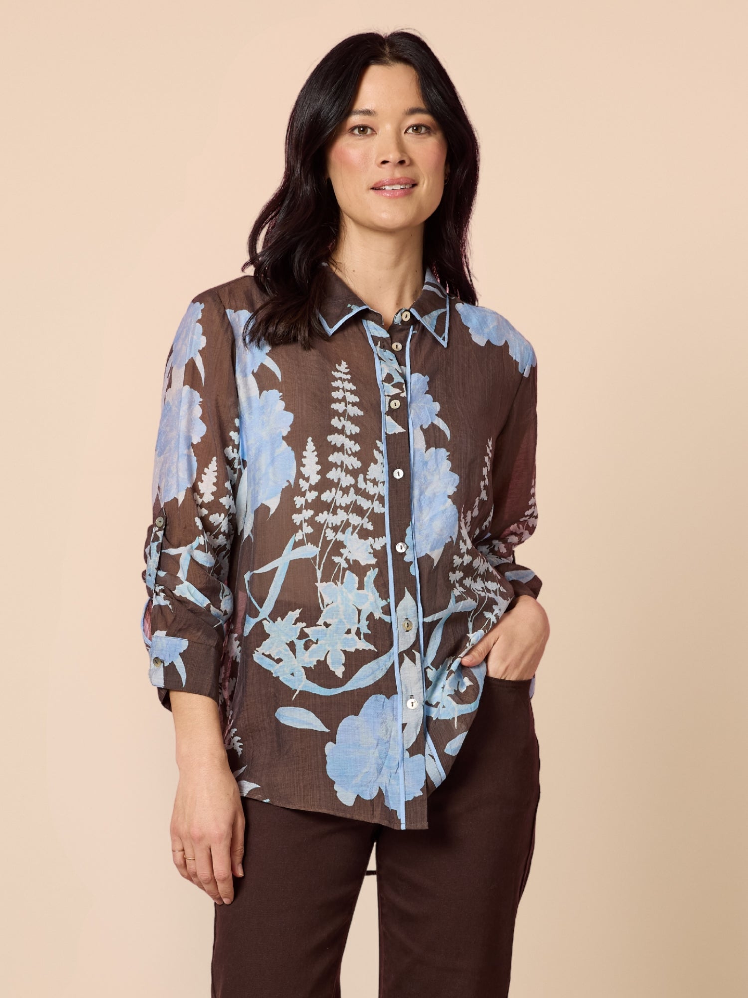 Vermont Floral Print Sheer Shirt - Coffee Blue rc&co