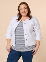 Collarless Frayed Hem Denim Jacket - White