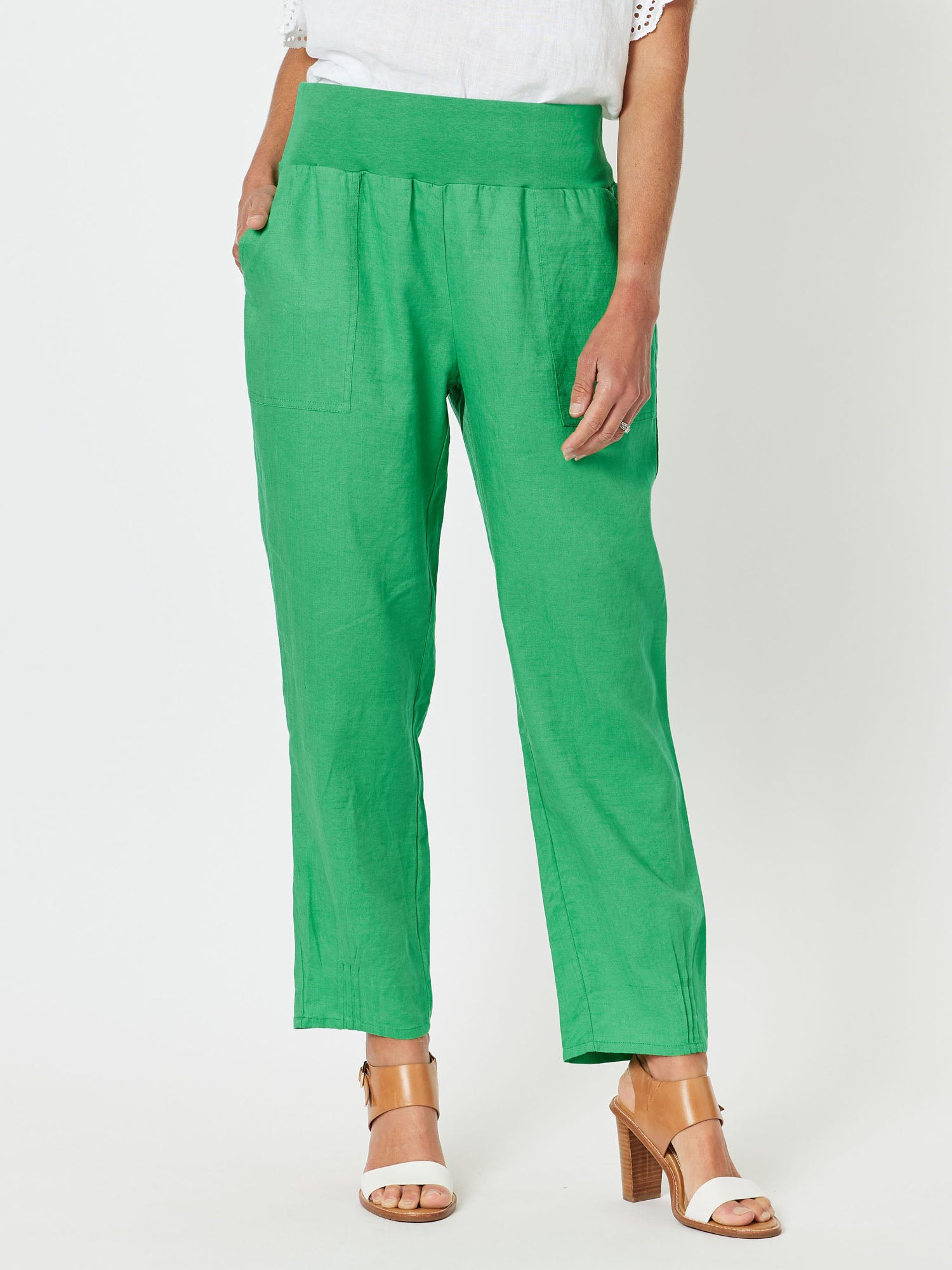 Jersey Waist Linen Pull On Pant - Emerald