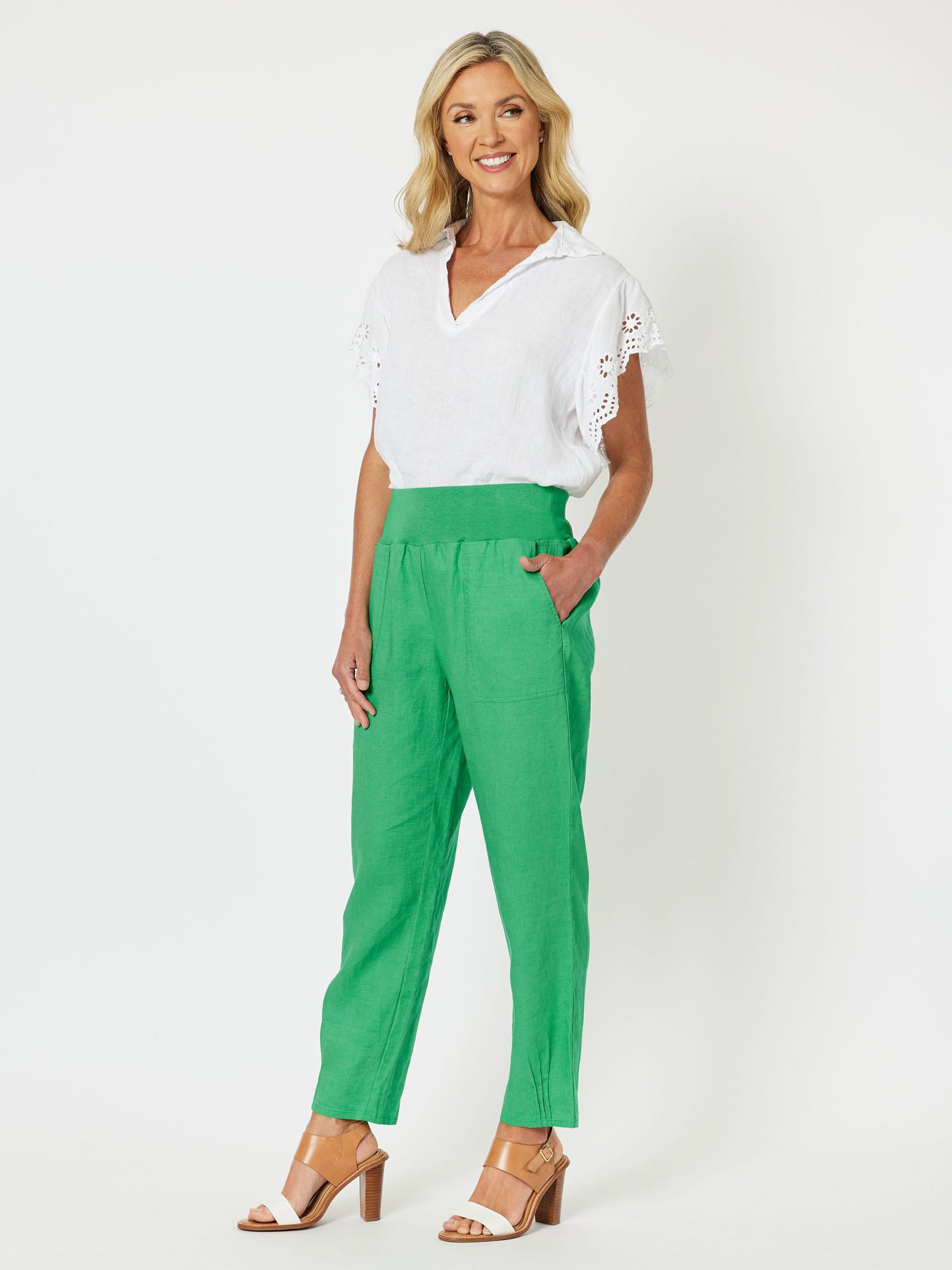 Jersey Waist Linen Pull On Pant - Emerald