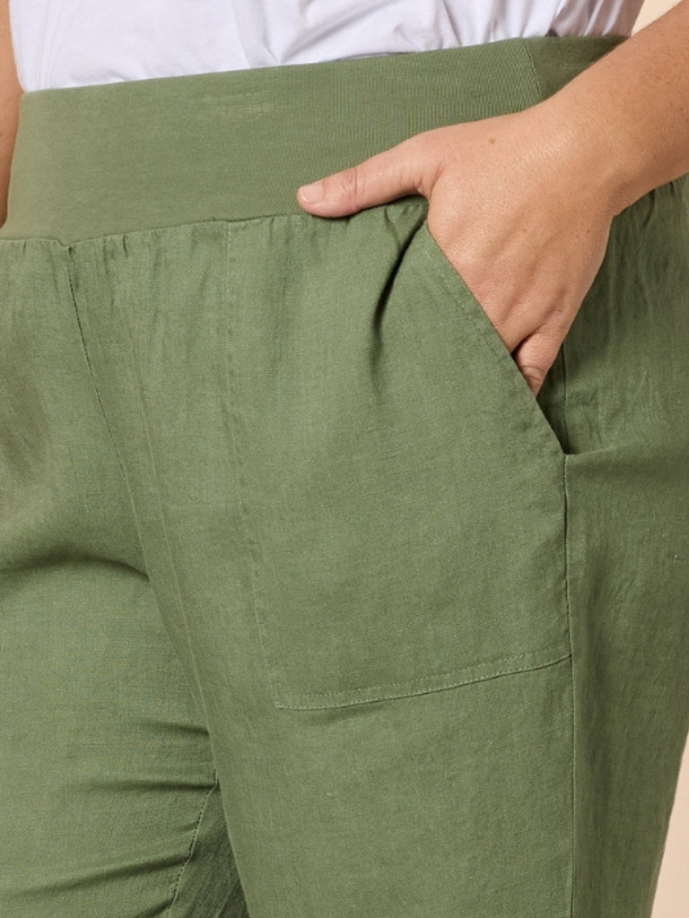 Sarah Linen Pleat Hem Pant - Khaki rc&co