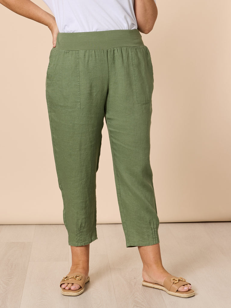 Sarah Linen Pleat Hem Pant - Khaki rc&co
