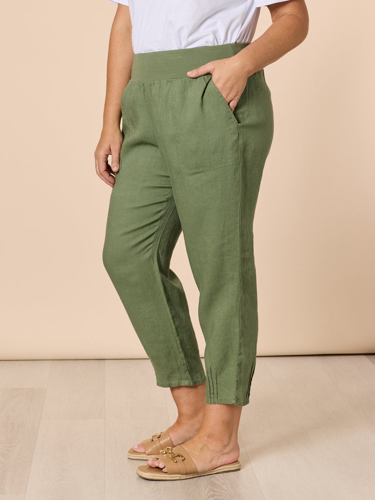 Sarah Linen Pleat Hem Pant - Khaki rc&co
