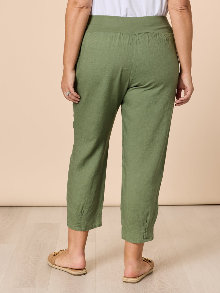 Sarah Linen Pleat Hem Pant - Khaki rc&co
