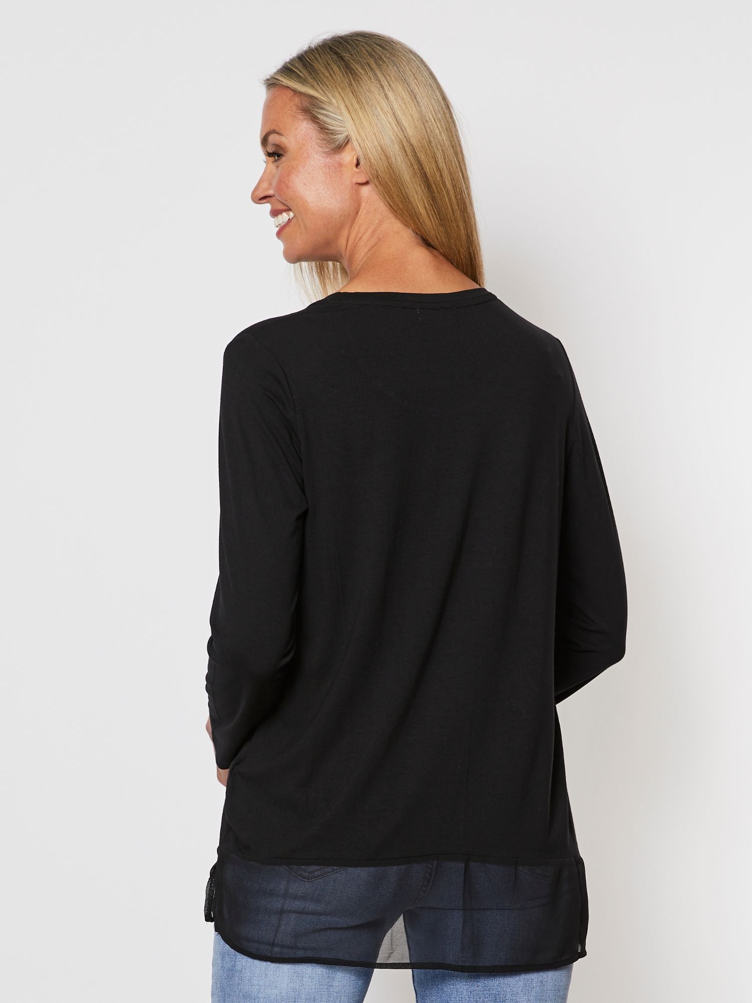 Long Sleeve Georgette Hem T-shirt - Black