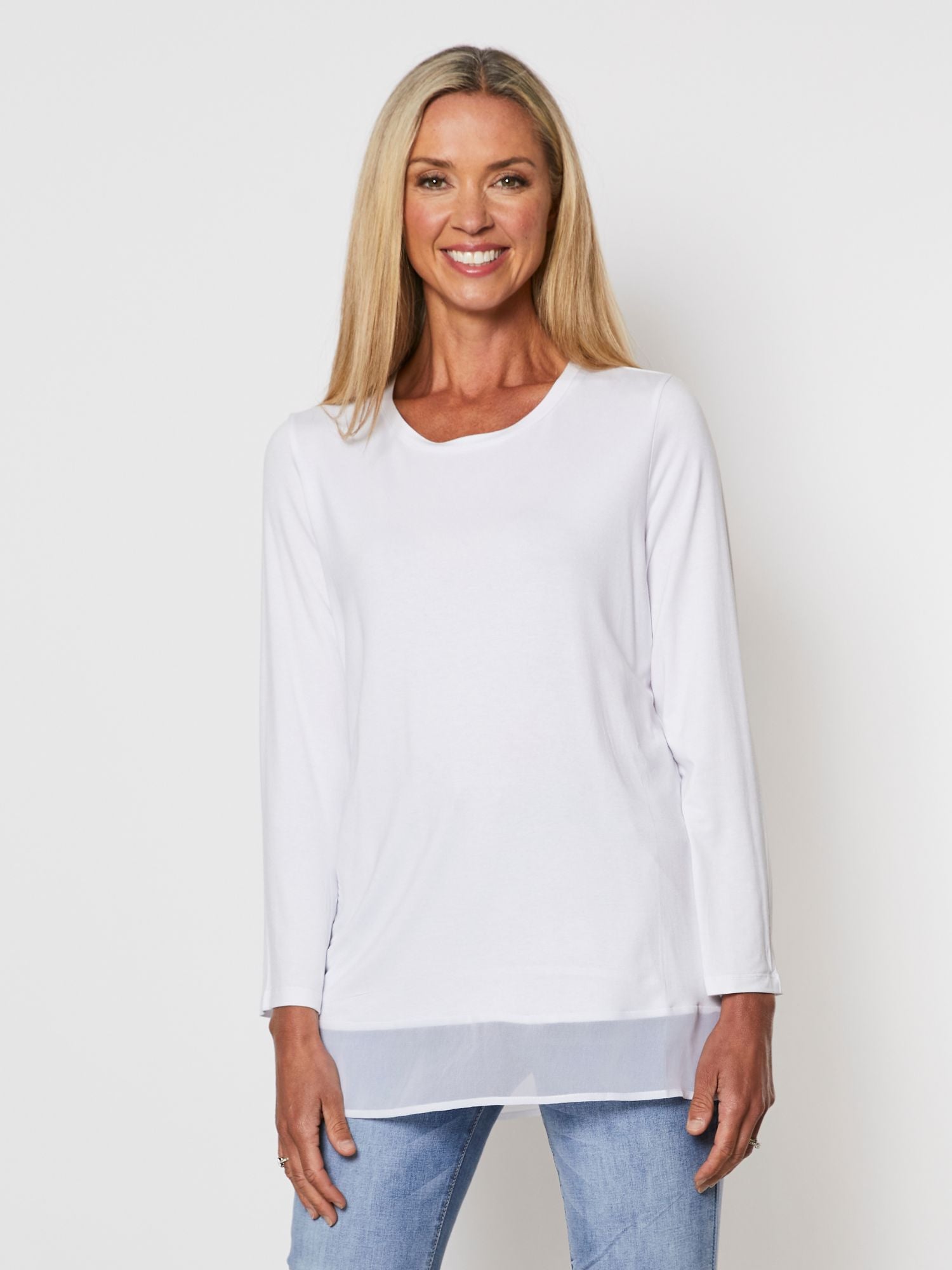 Long Sleeve Georgette Hem T-shirt - White