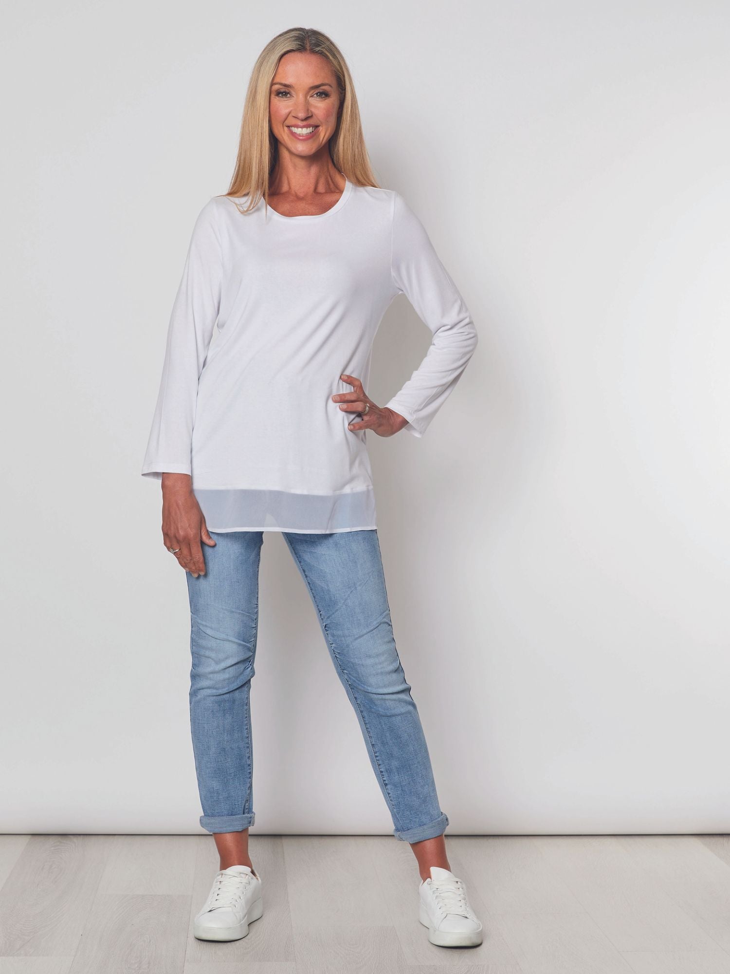 Long Sleeve Georgette Hem T-shirt - White