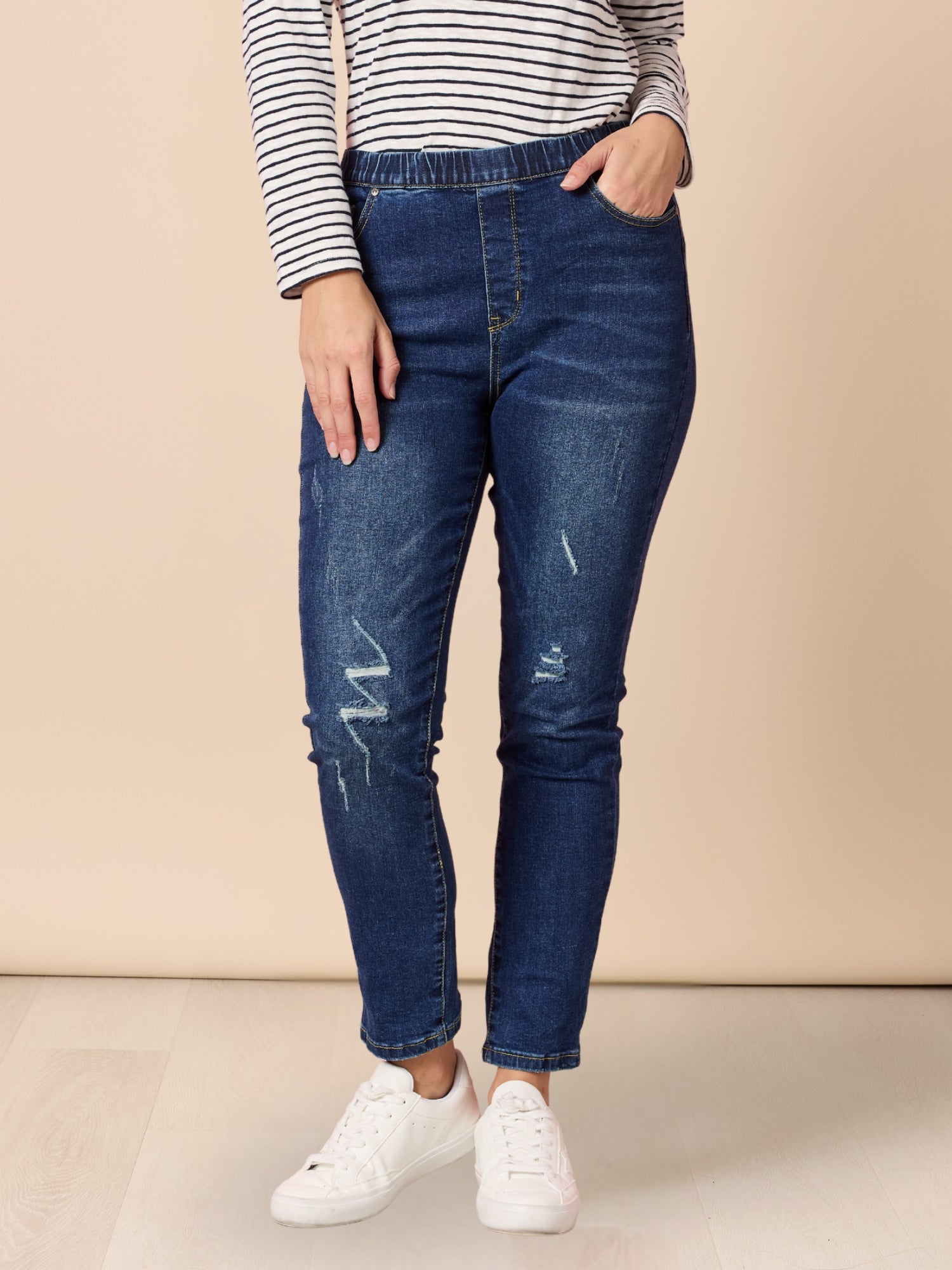 LA Distressed Pull On Stretch Denim Jean - Dark Denim – RC & Co