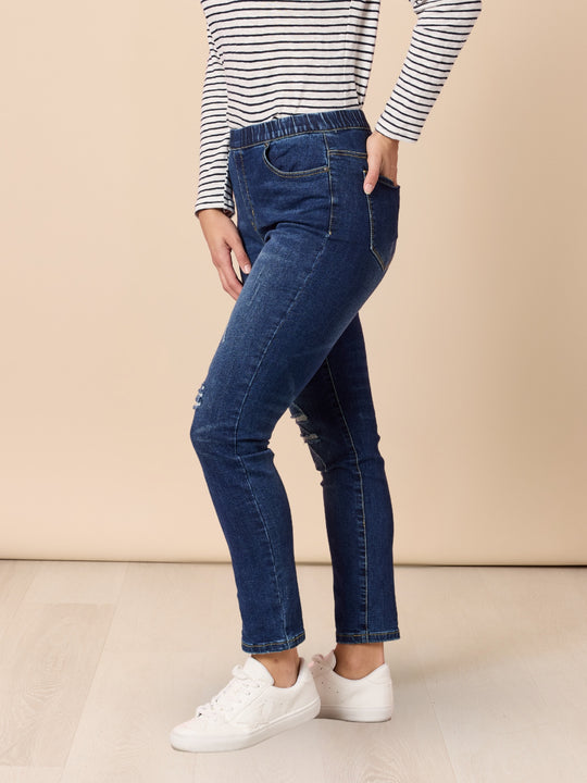 LA Distressed Pull On Stretch Denim Jean - Dark Denim rc&co