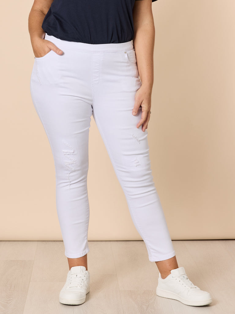 LA Distressed Pull On Stretch Denim Jean - White RC&CO