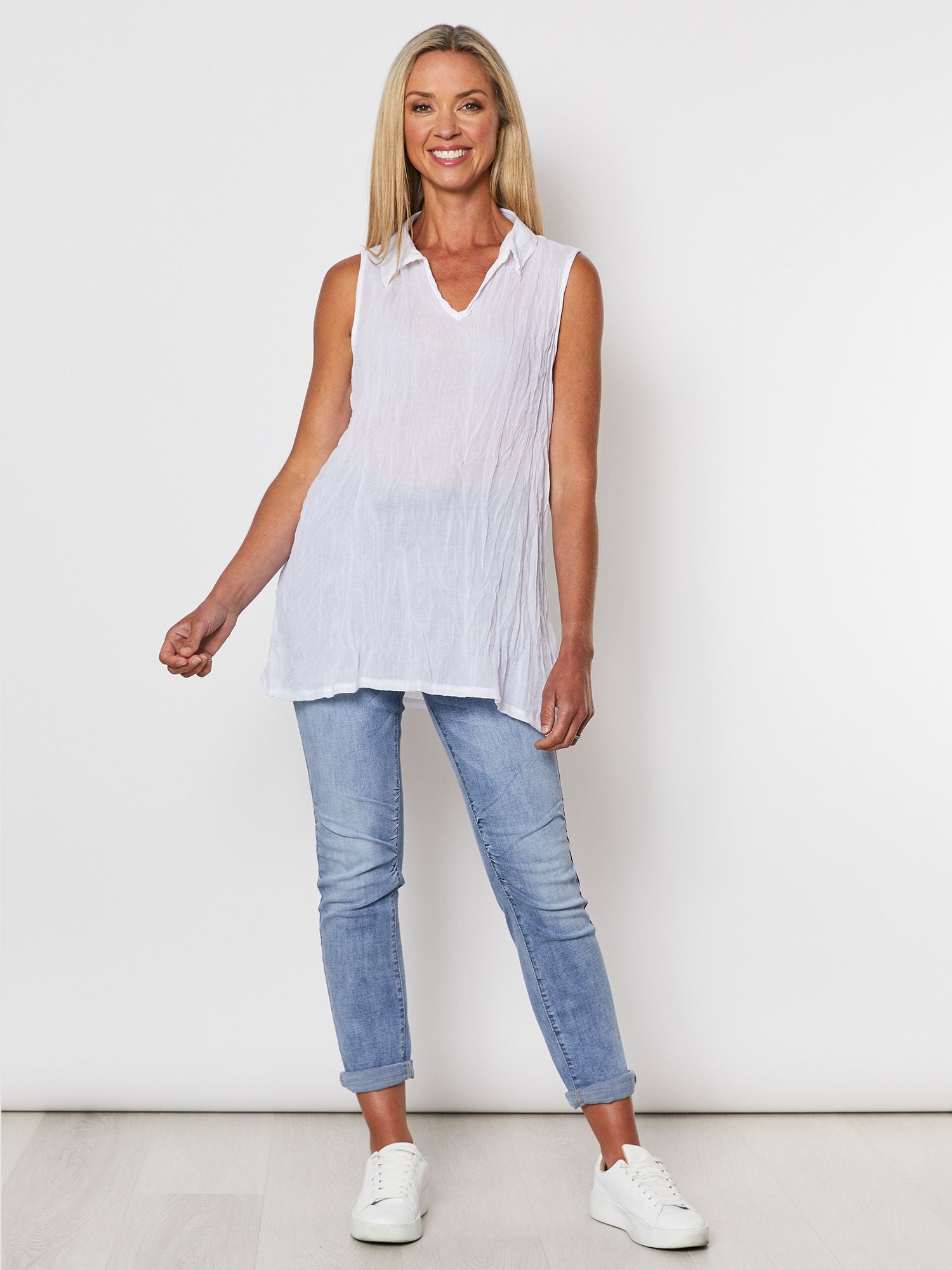 Collared Crushed Layering Top - White