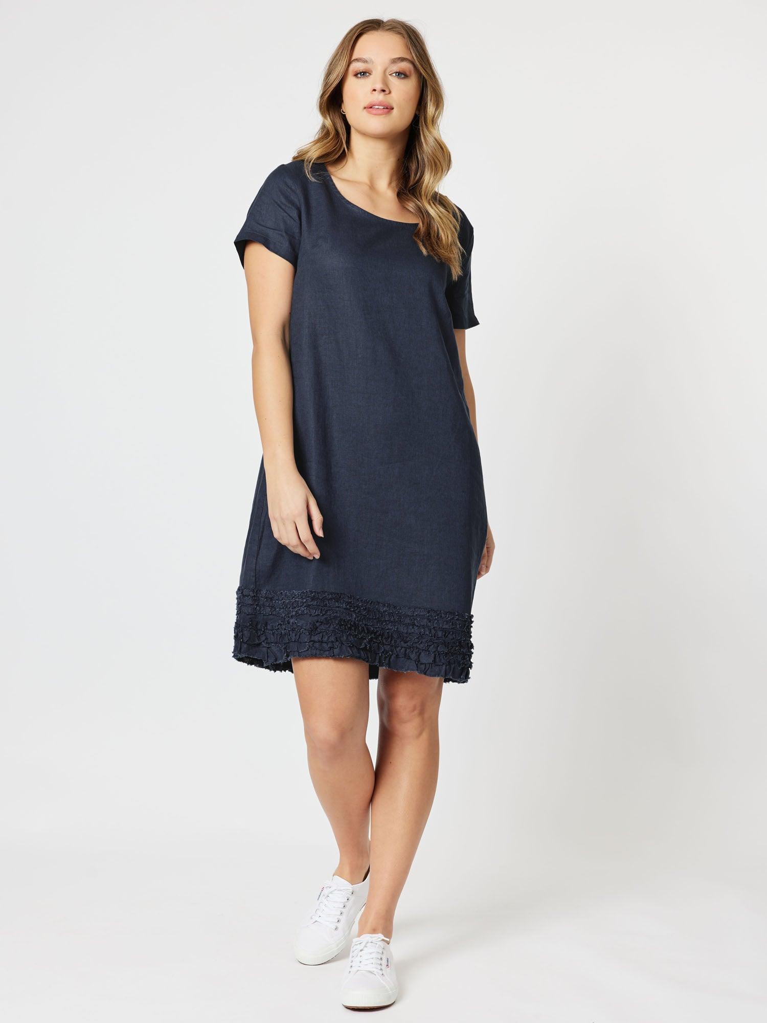Ruffle Hem Linen Dress - Navy