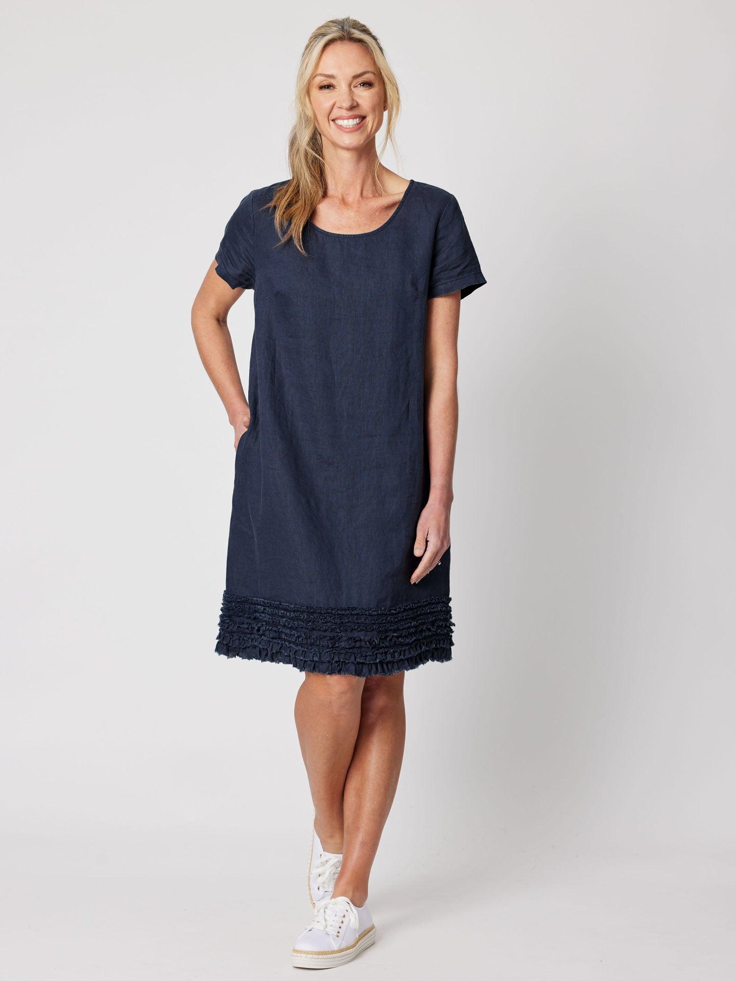 Ruffle Hem Linen Dress - Navy