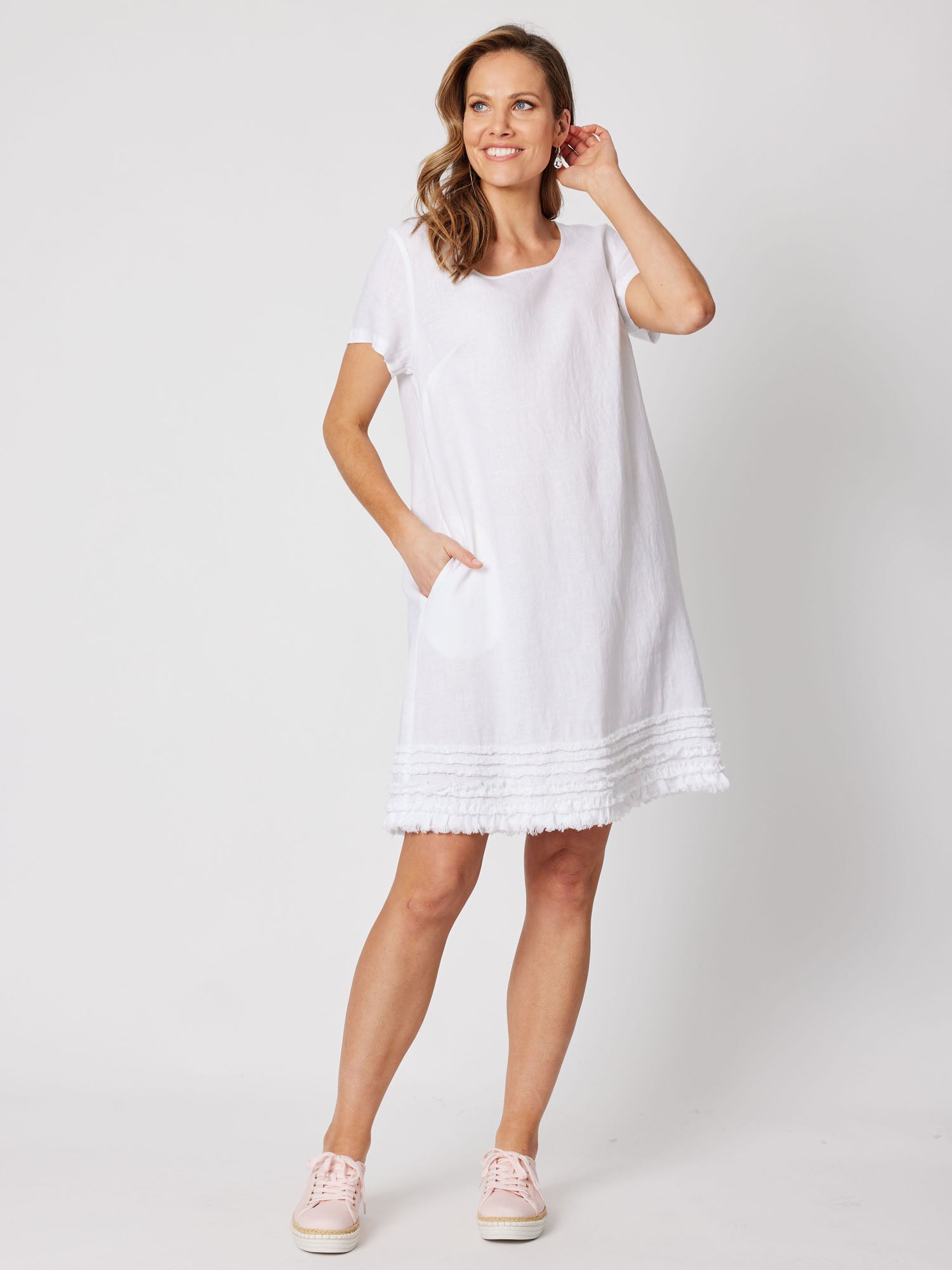 Ruffle Hem Linen Dress - White