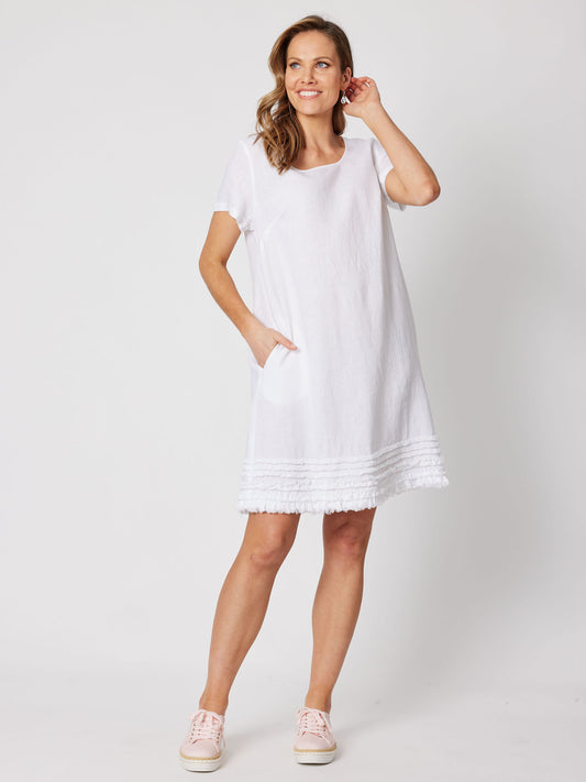 Ruffle Hem Linen Dress - White