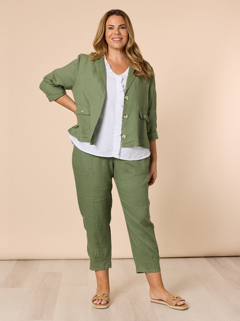 Sarah Linen Pleat Hem Pant - Khaki rc&co