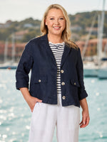 Danielle Linen Cropped Blazer - Navy