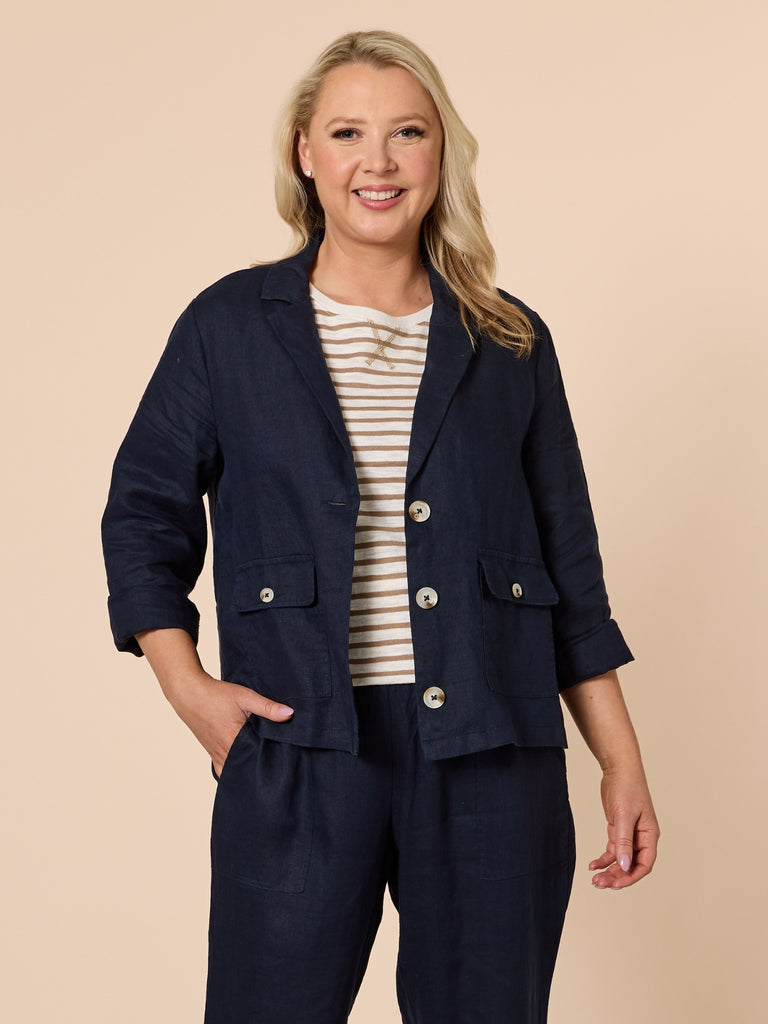 Danielle Linen Cropped Blazer - Navy RC&CO