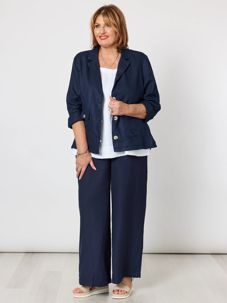 Danielle Linen Cropped Blazer - Navy