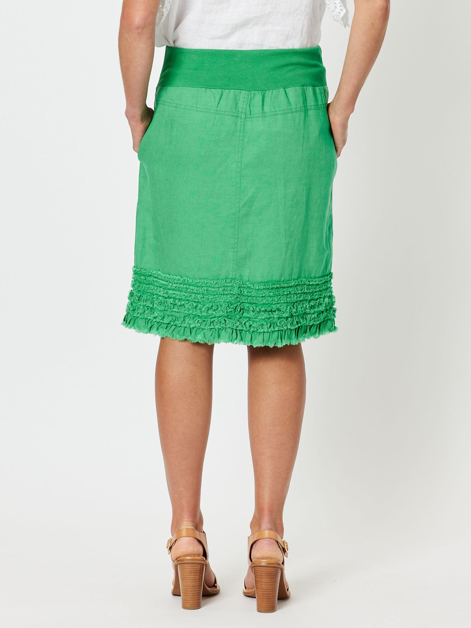 Ruffle Hem Linen Skirt - Emerald