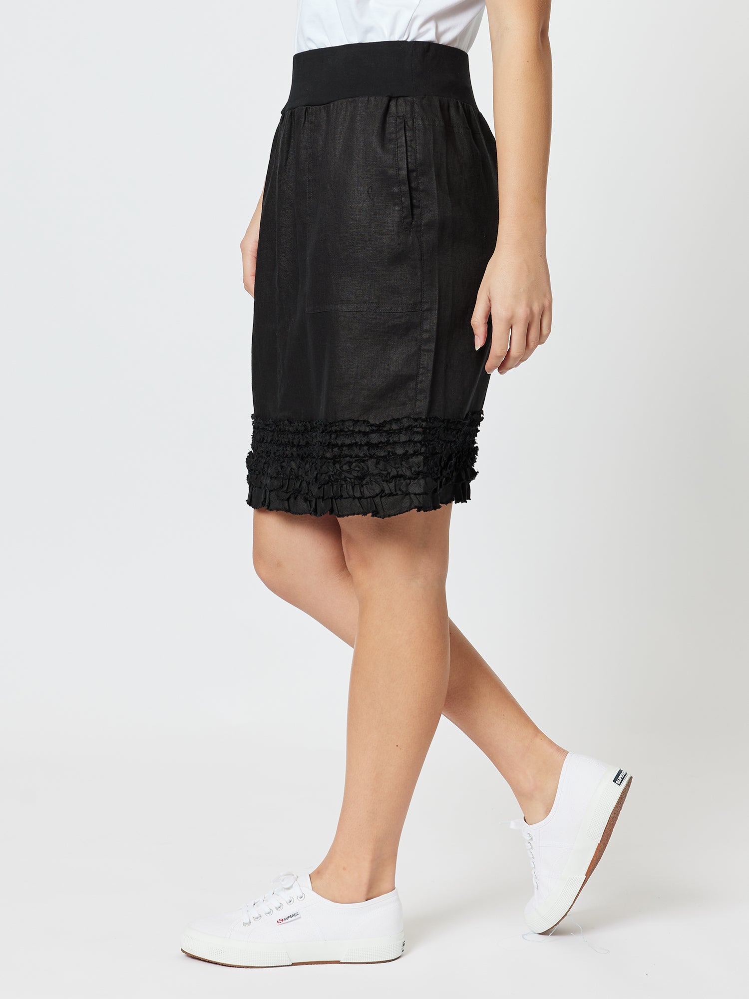 Ruffle Hem Linen Skirt - Black