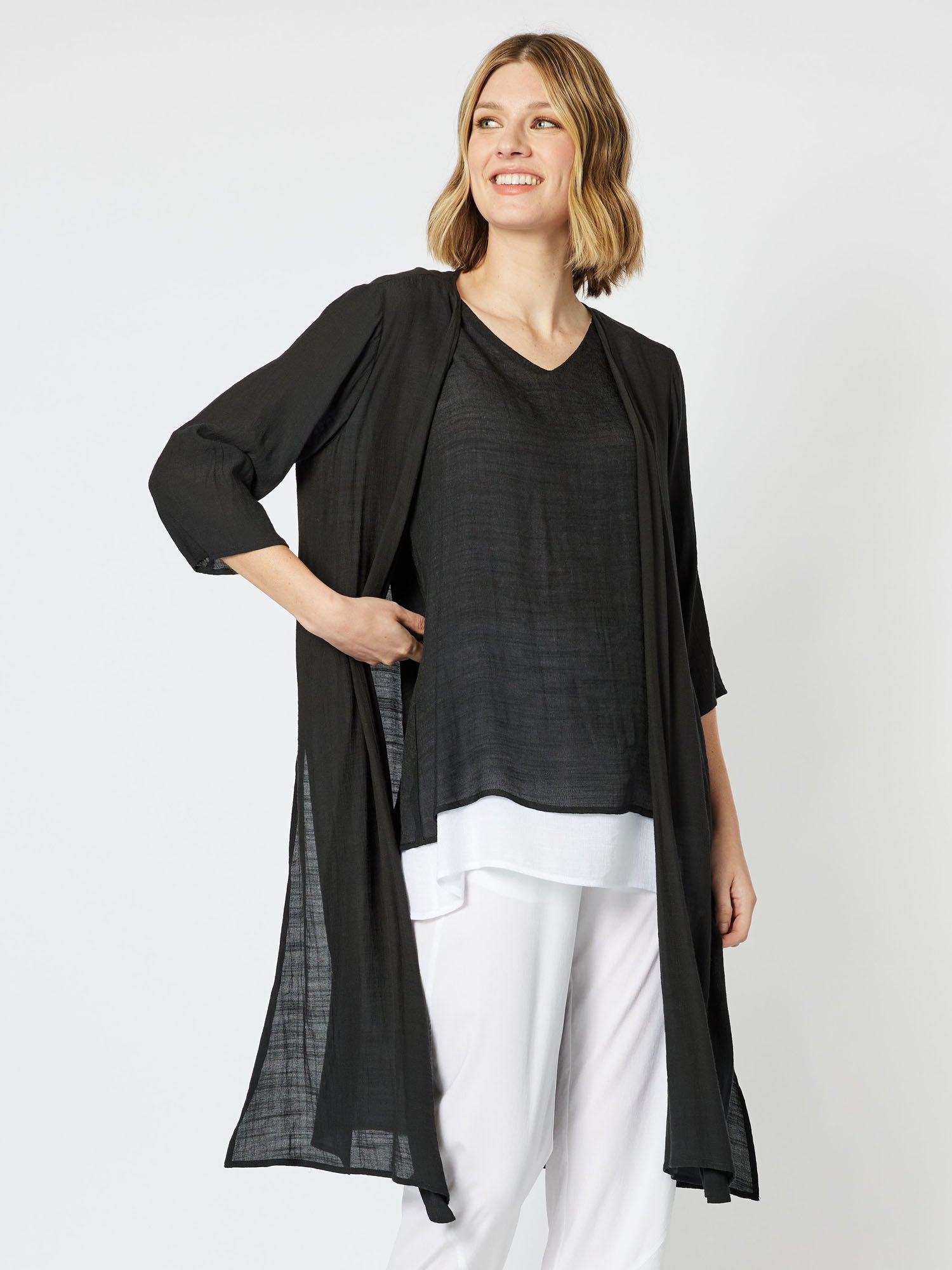 Longline Crinkle Viscose Cardigan - Black