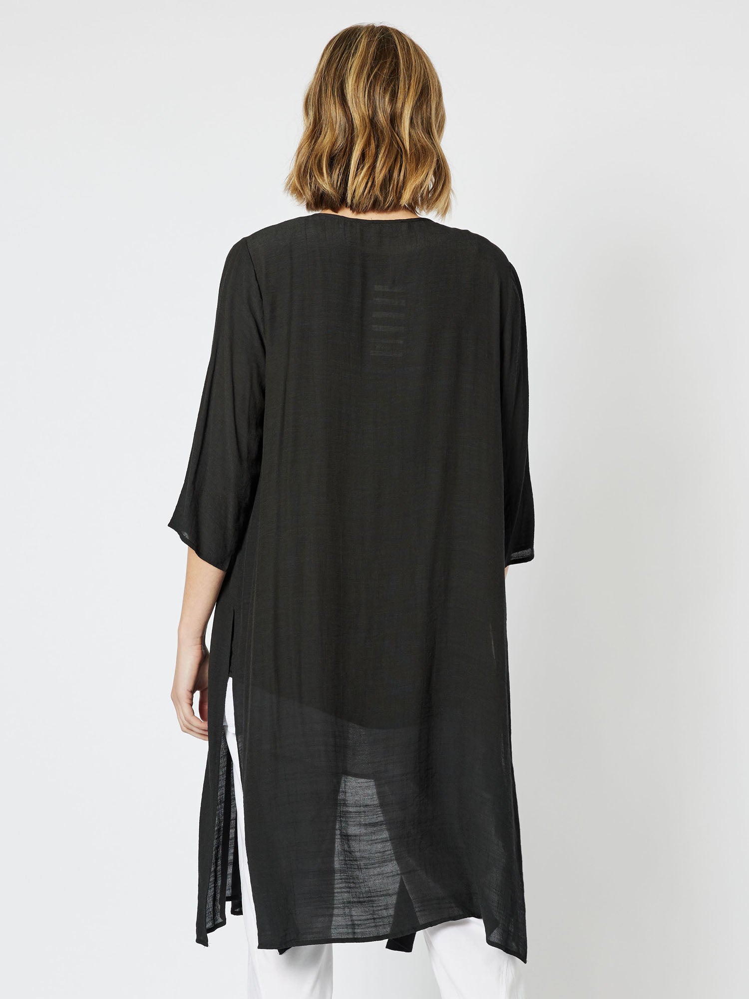 Longline Crinkle Viscose Cardigan - Black