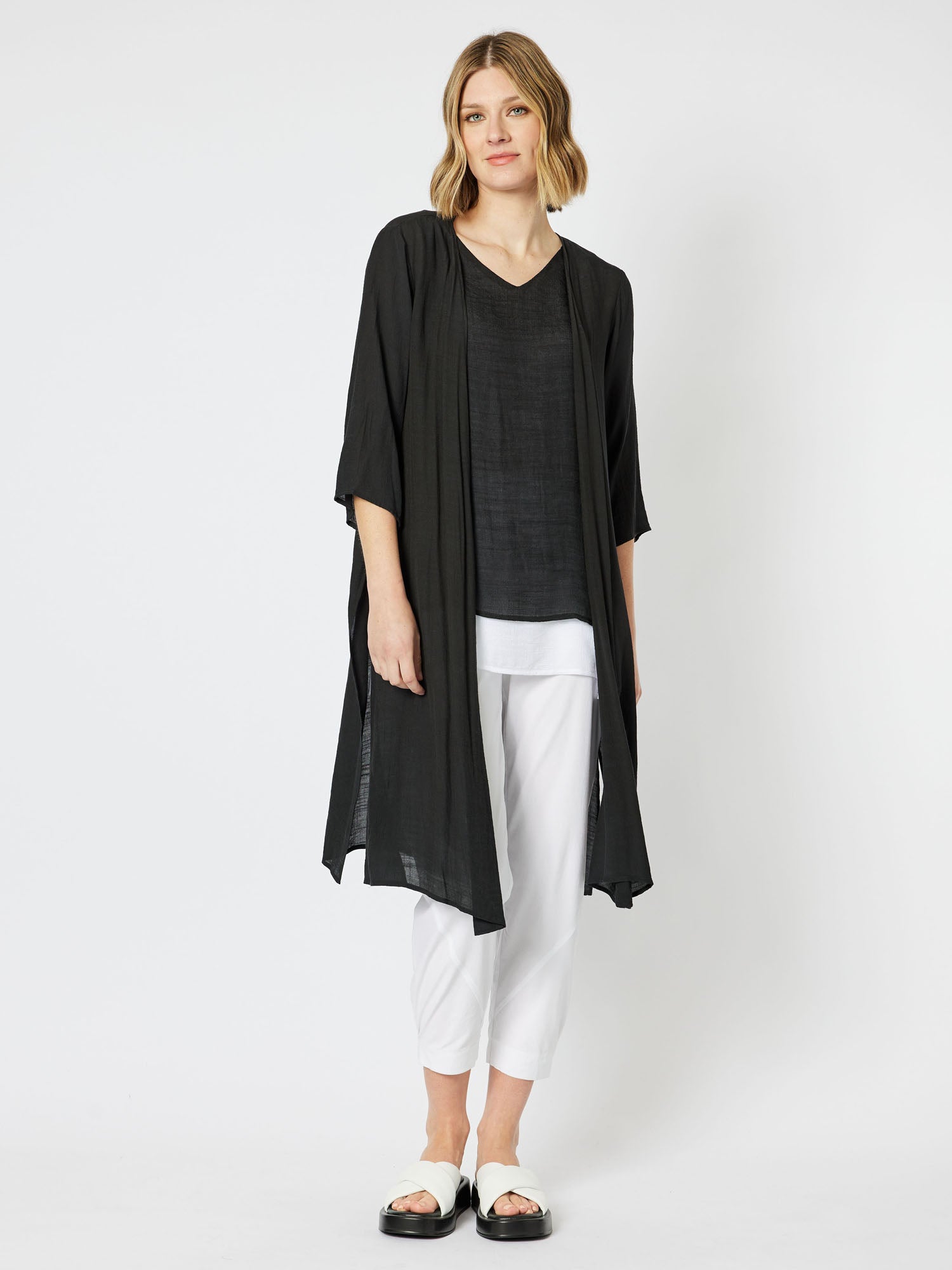 Longline Crinkle Viscose Cardigan - Black