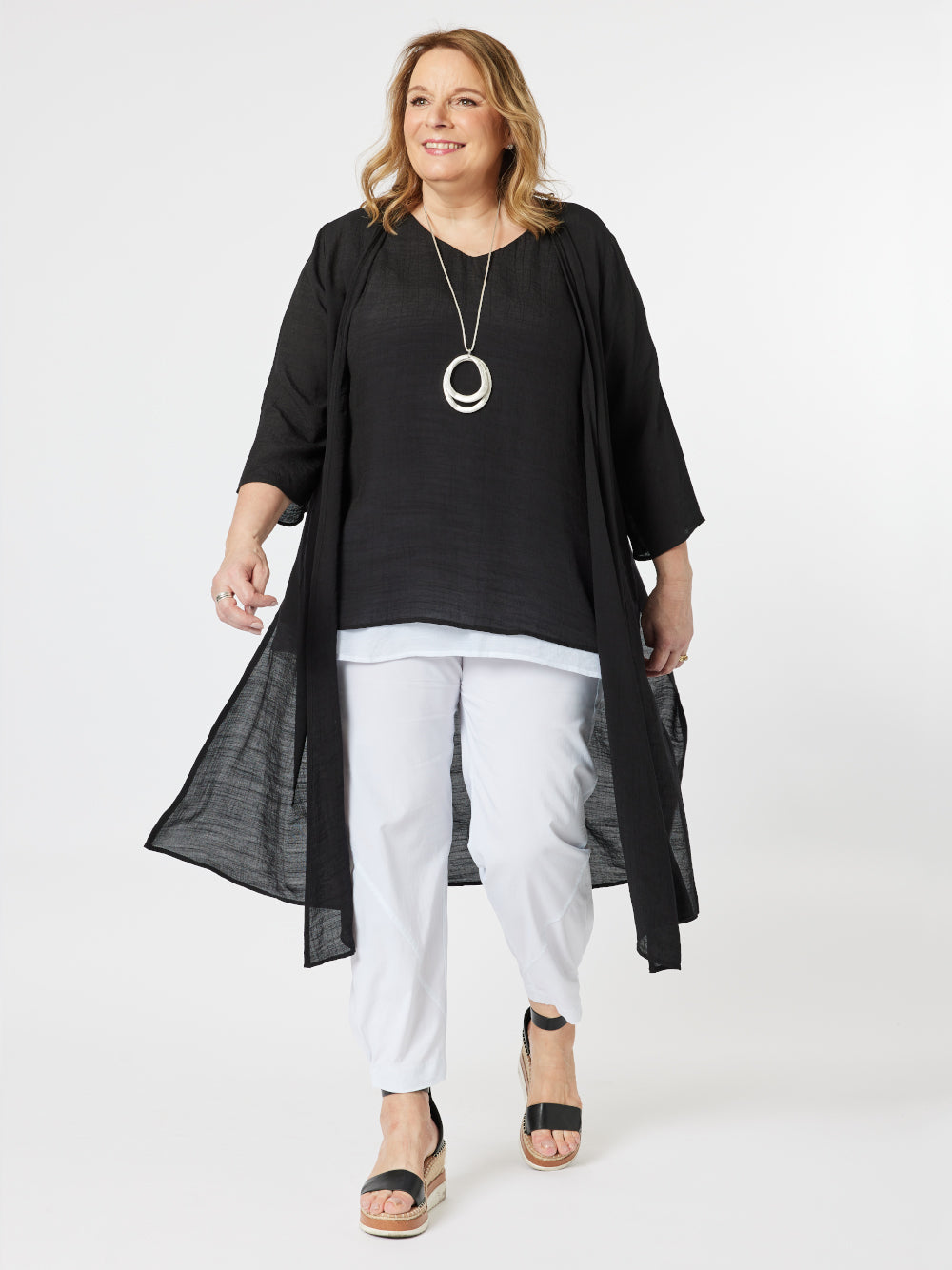 Longline Crinkle Viscose Cardigan - Black