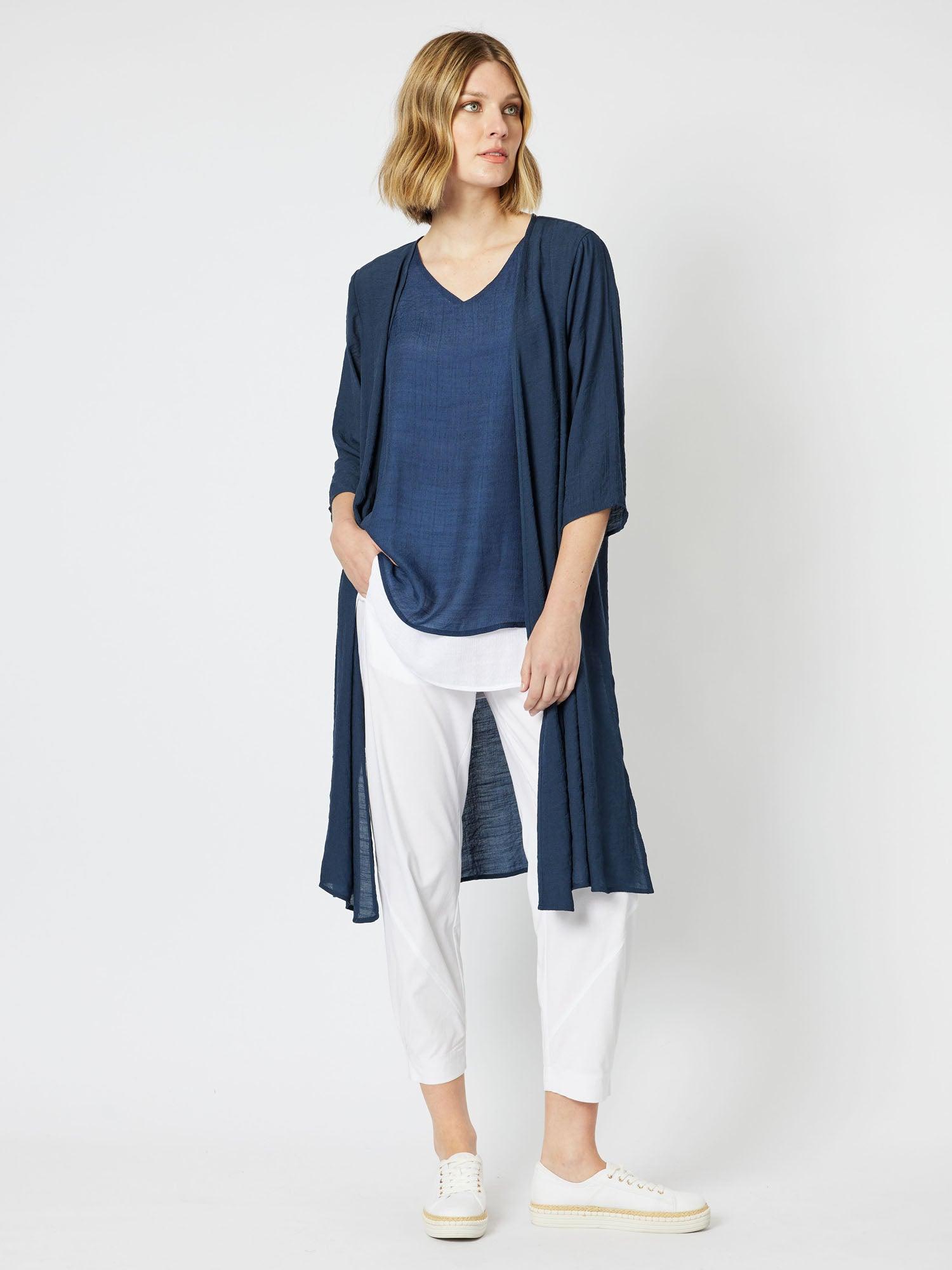 Longline Crinkle Viscose Cardigan - Navy