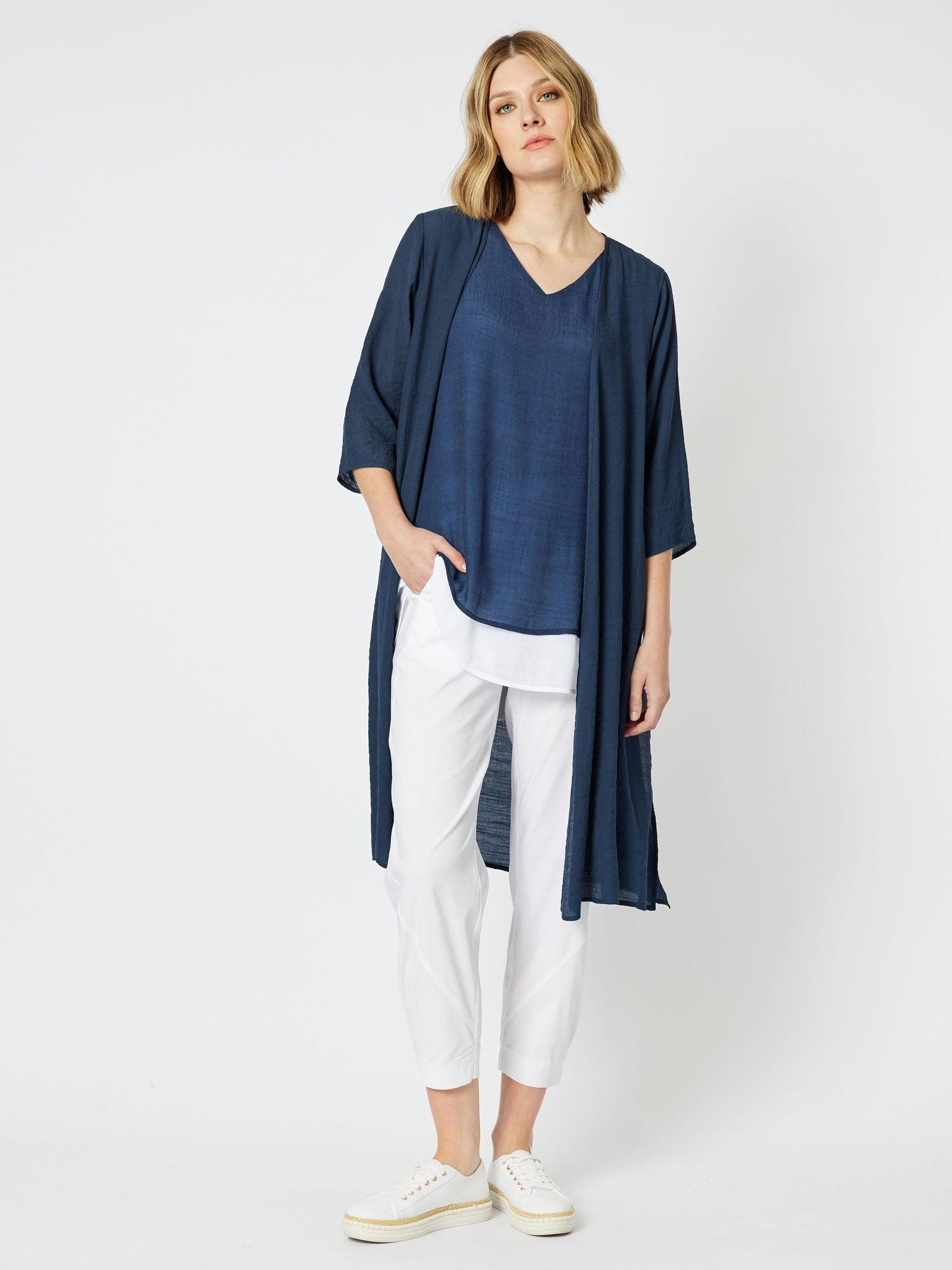 Longline Crinkle Viscose Cardigan - Navy