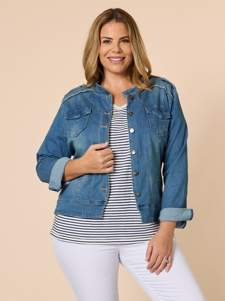 Military Style Denim Jacket - Denim RC&CO