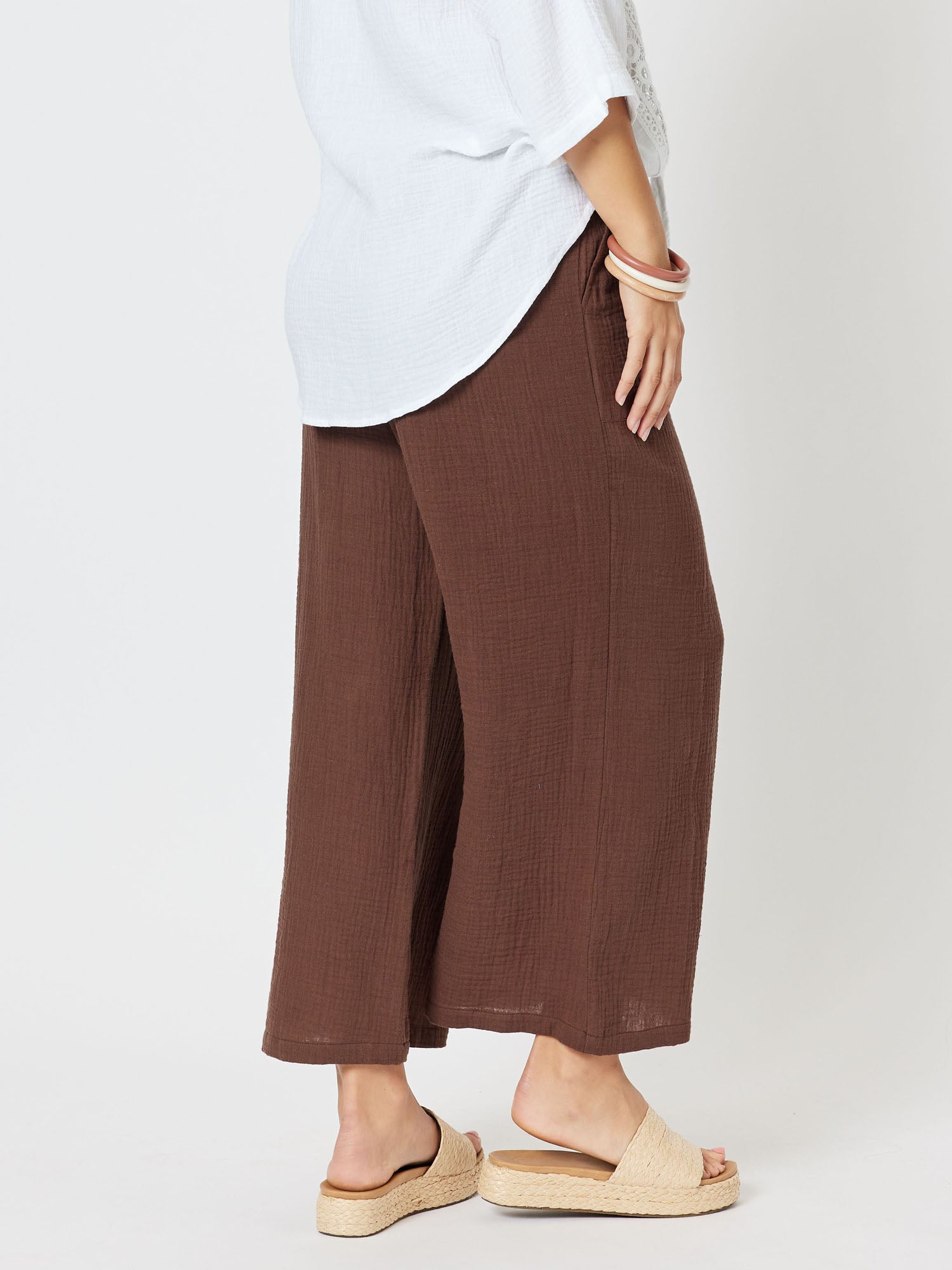 Byron Textured Cotton Wide Leg Pull On Pant - Chocolate