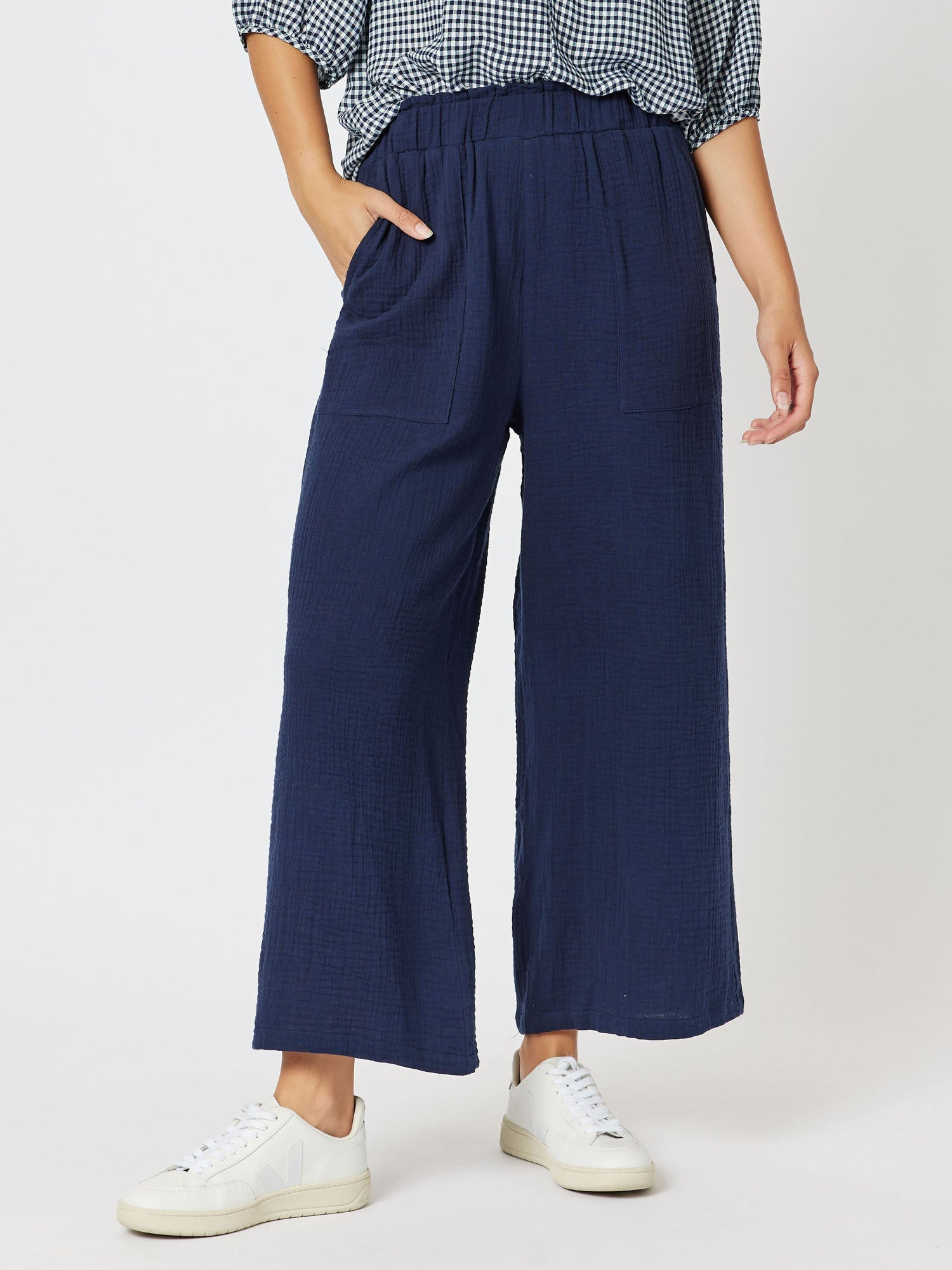 Byron Textured Cotton Wide Leg Pull On Pant - Navy
