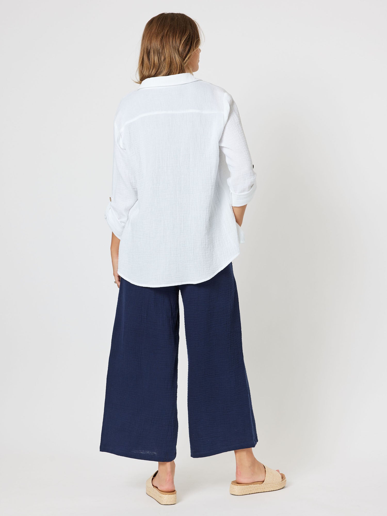 Byron Textured Cotton Wide Leg Pull On Pant - Navy