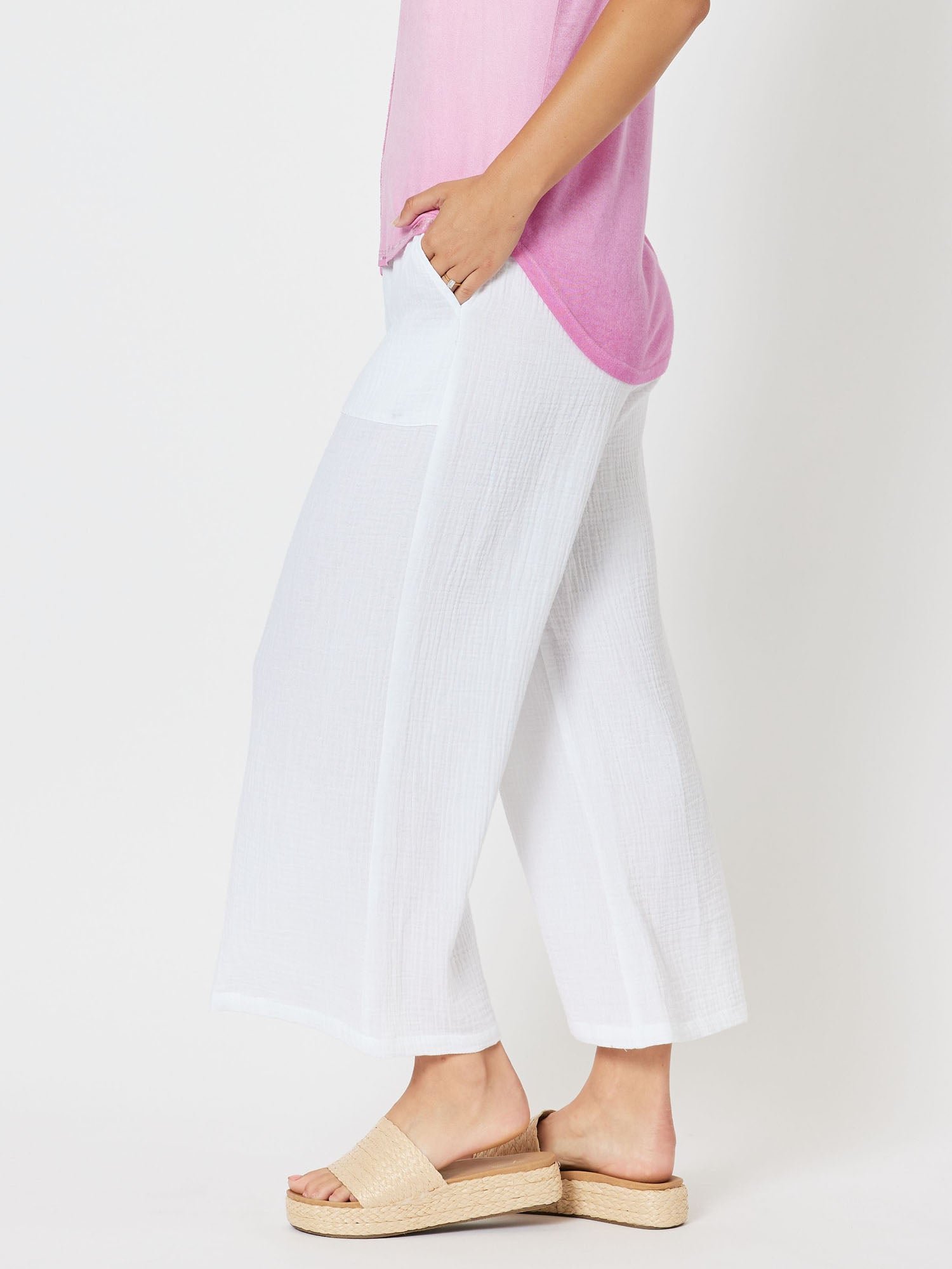Byron Textured Cotton Wide Leg Pull On Pant - White