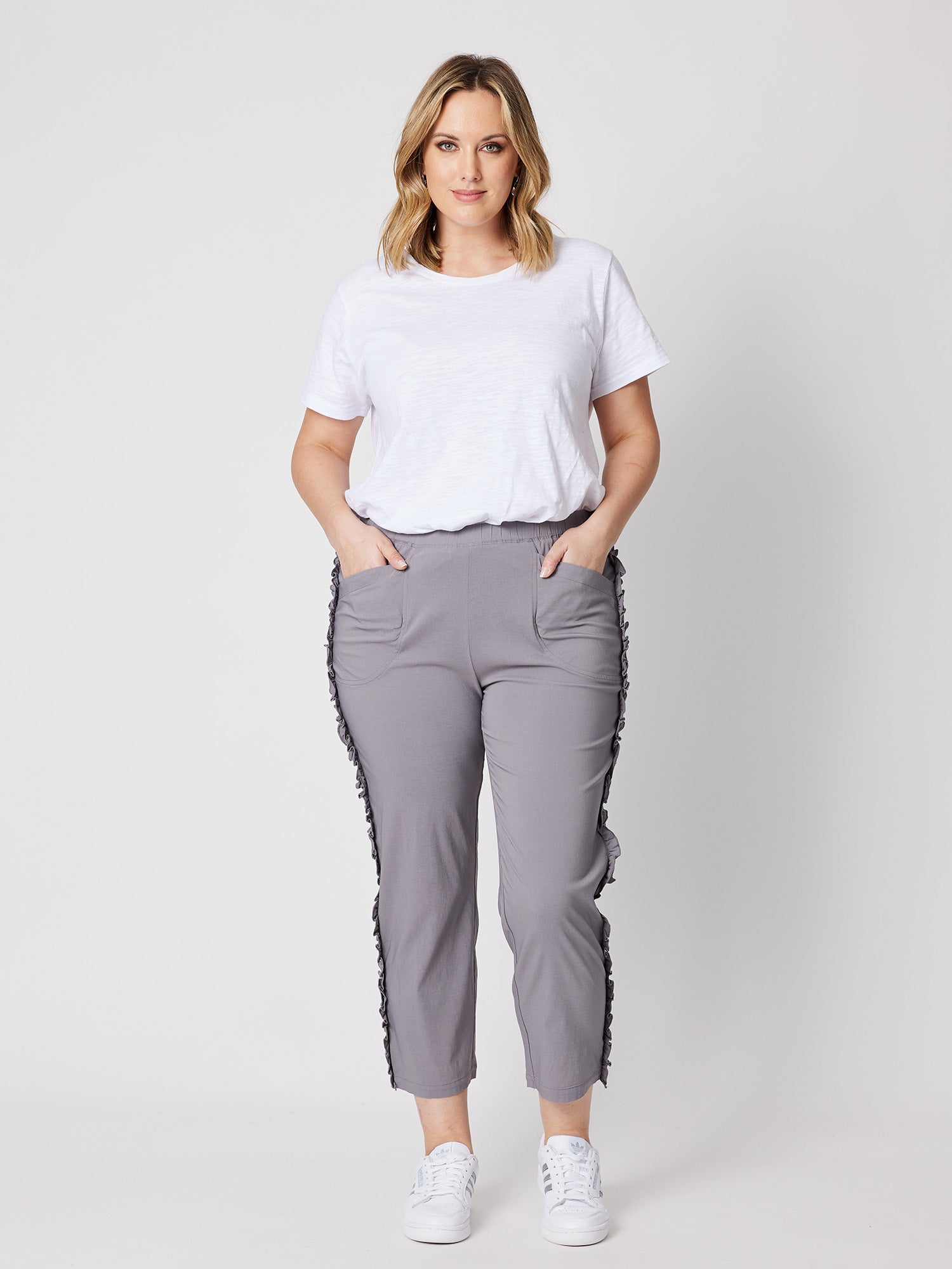 Frilled Side Detail Stretch Pant - Charcoal