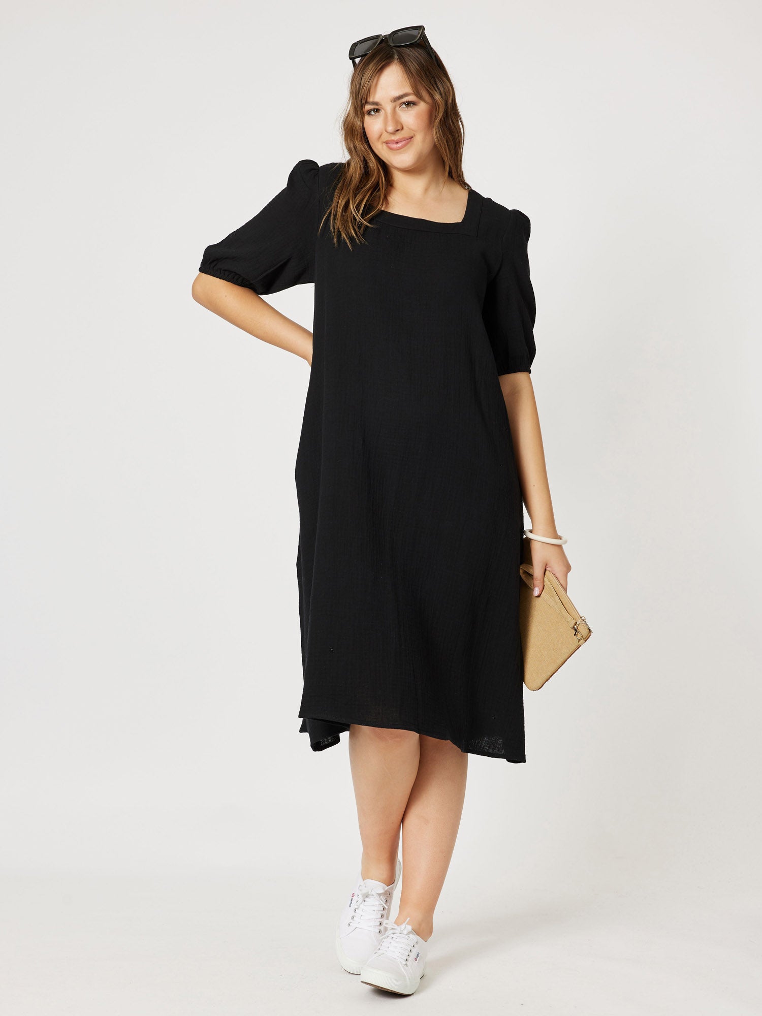 Square Neck Cotton Dress - Black