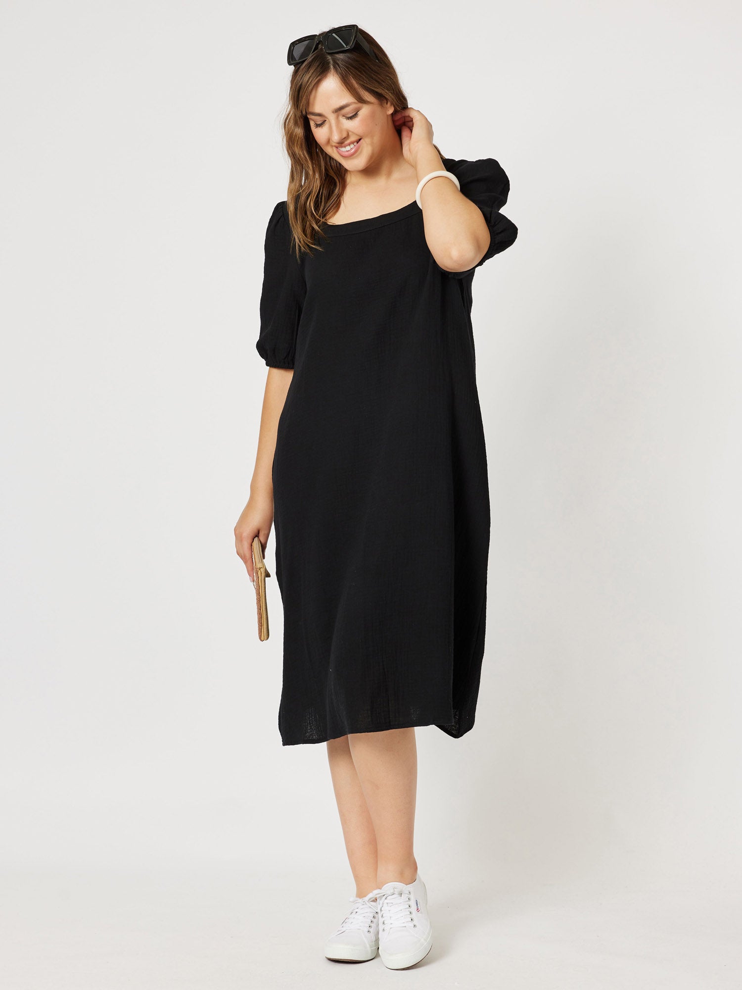 Square Neck Cotton Dress - Black