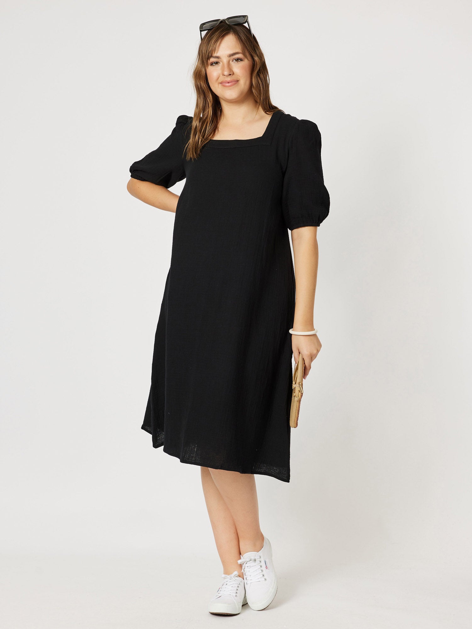 Square Neck Cotton Dress - Black