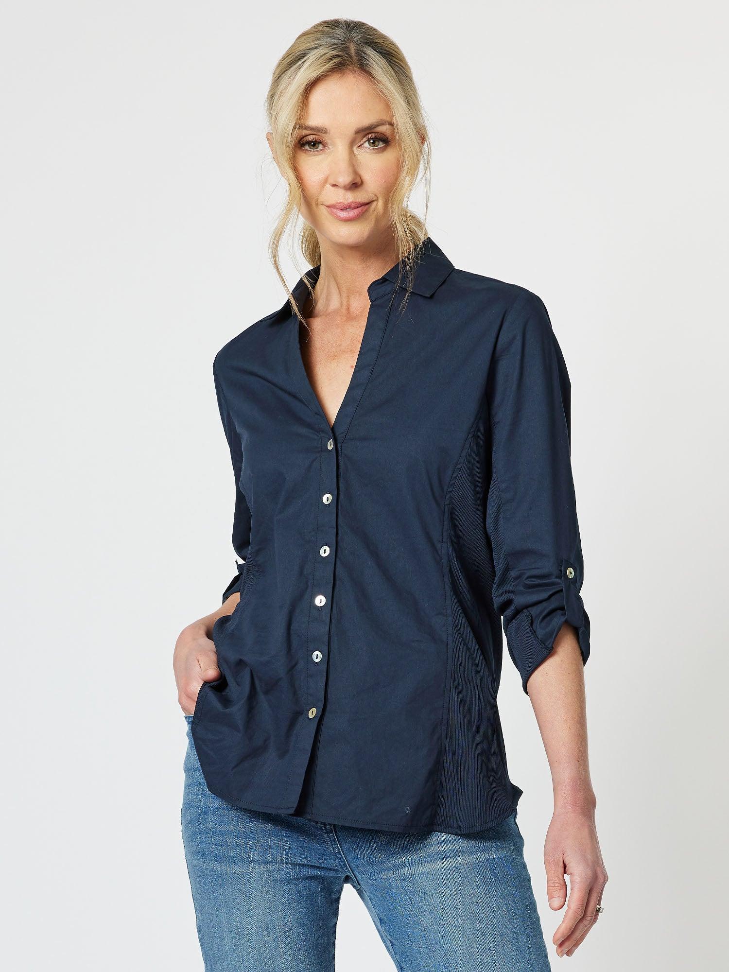 Rib Detail Stretch Cotton Shirt - Midnight