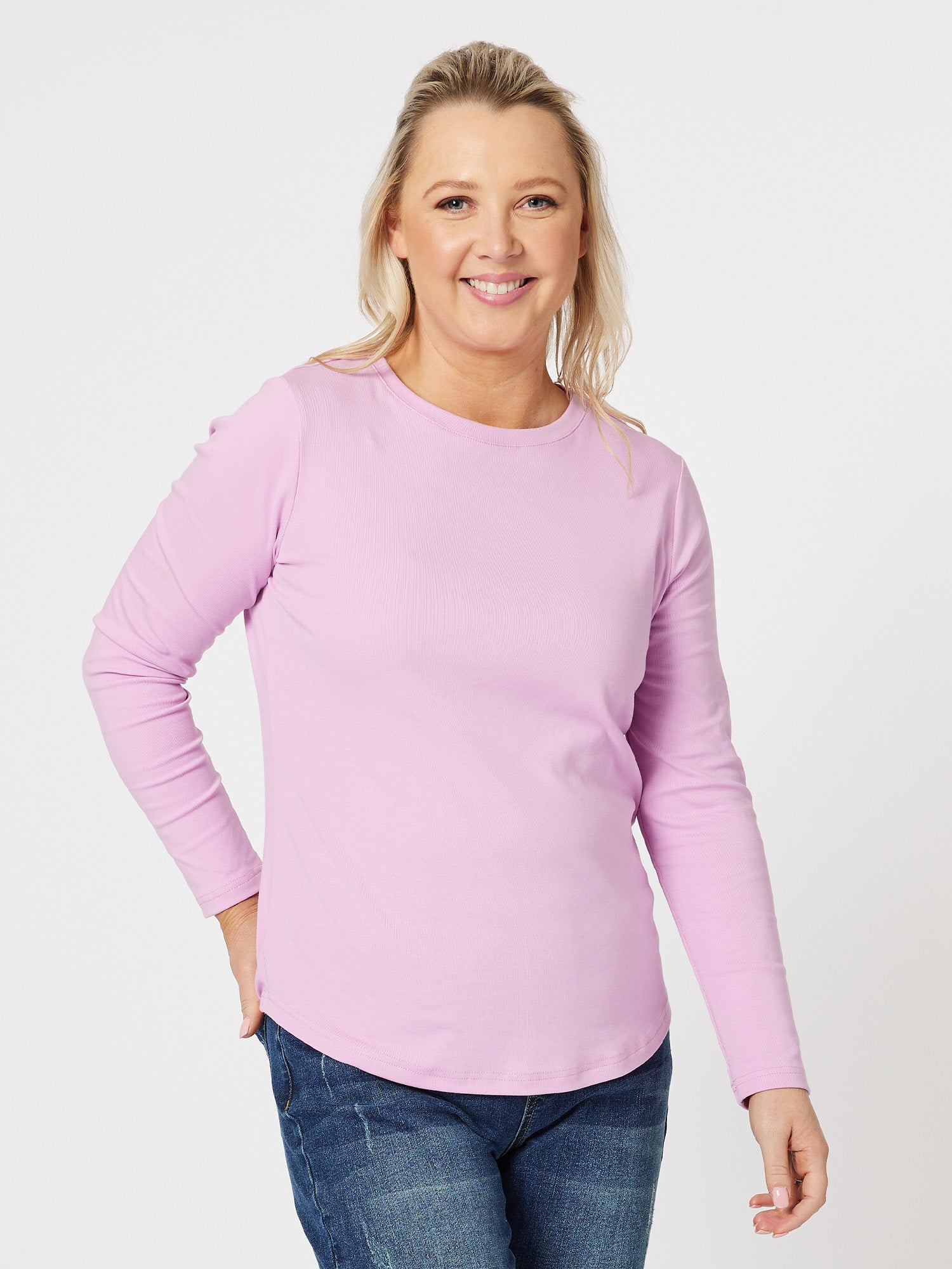 Crew Neck Cotton Rib Long Sleeve Top - Orchid