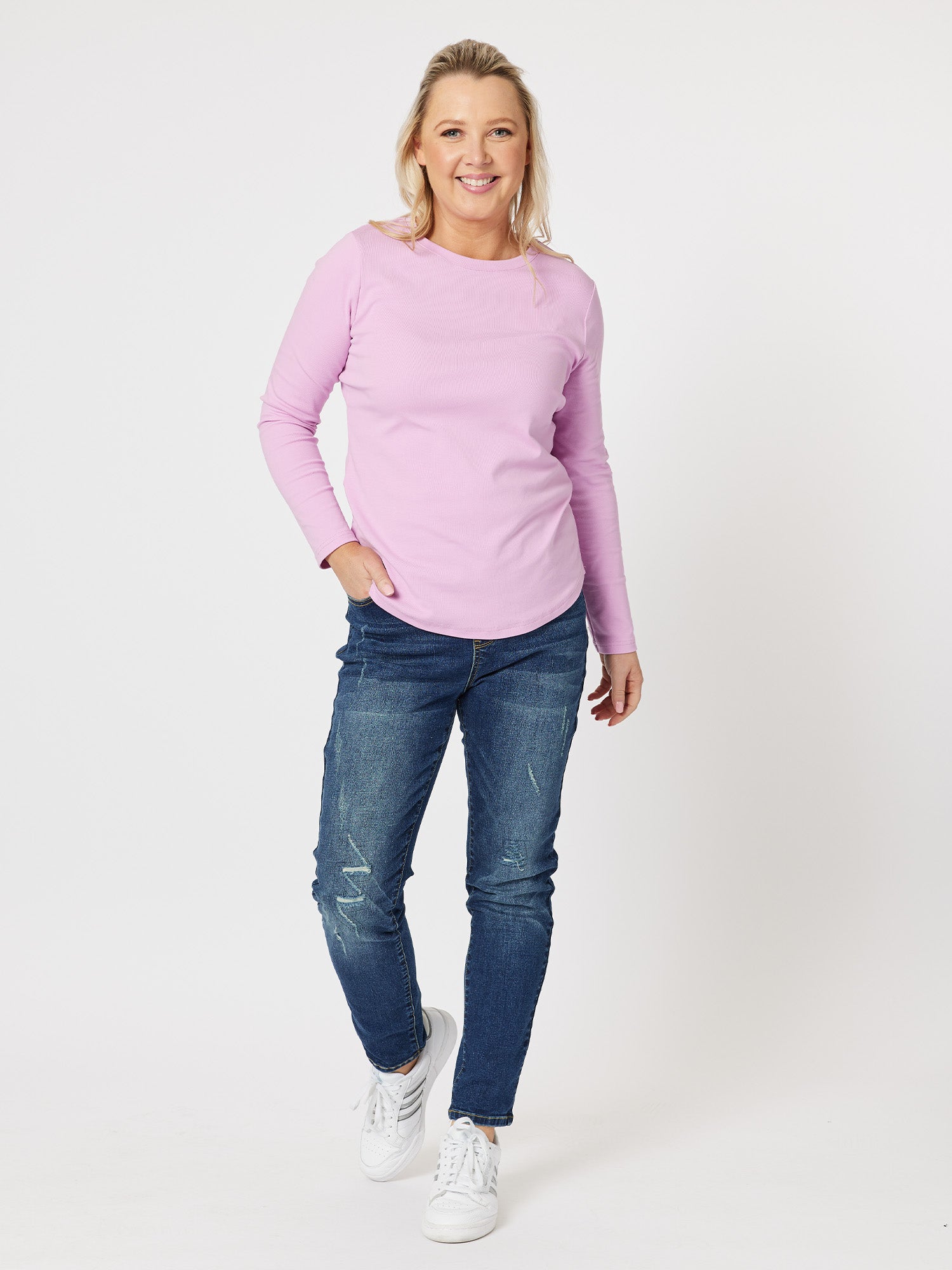 Crew Neck Cotton Rib Long Sleeve Top - Orchid