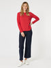 Crew Neck Cotton Rib Long Sleeve Top - Red