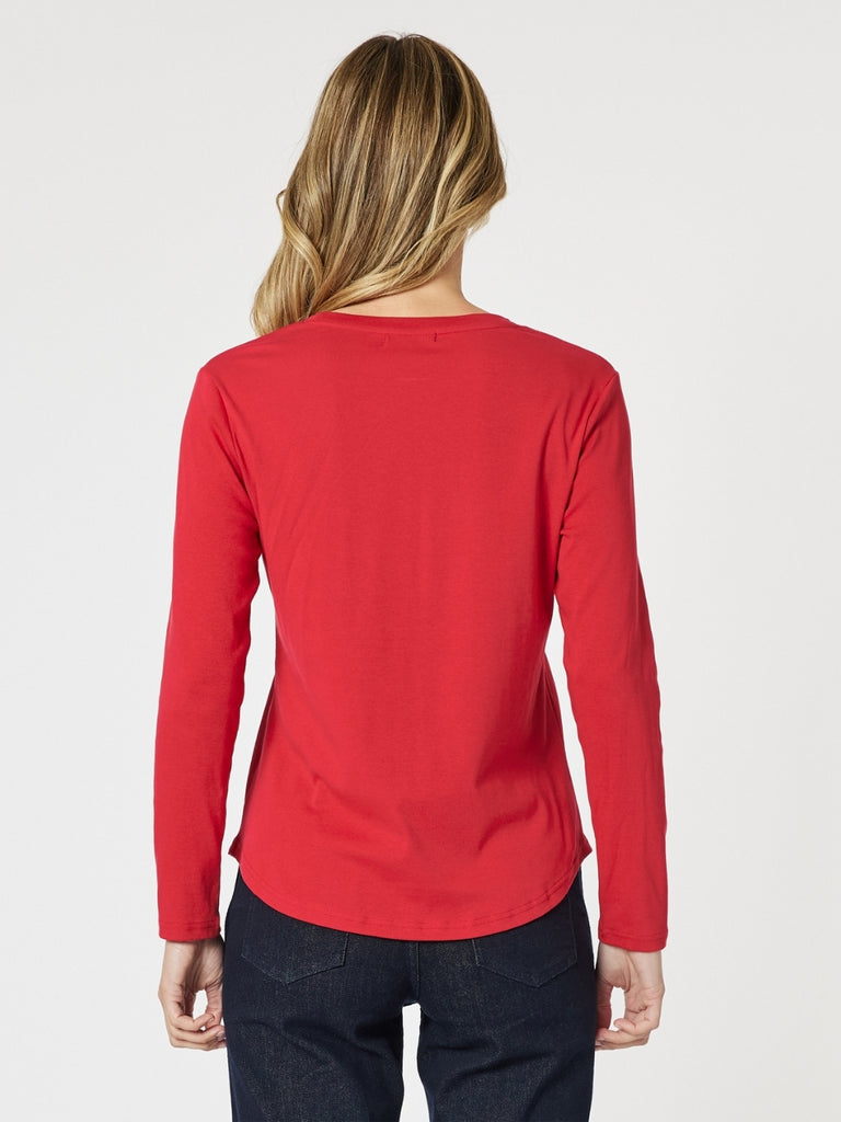 Crew Neck Cotton Rib Long Sleeve Top - Red
