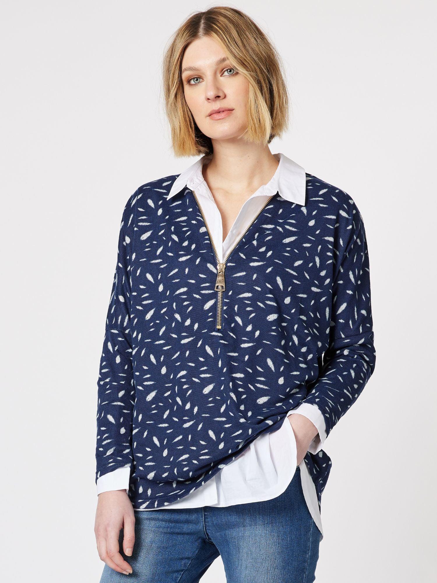 Printed Knit Zip Front Top - Navy