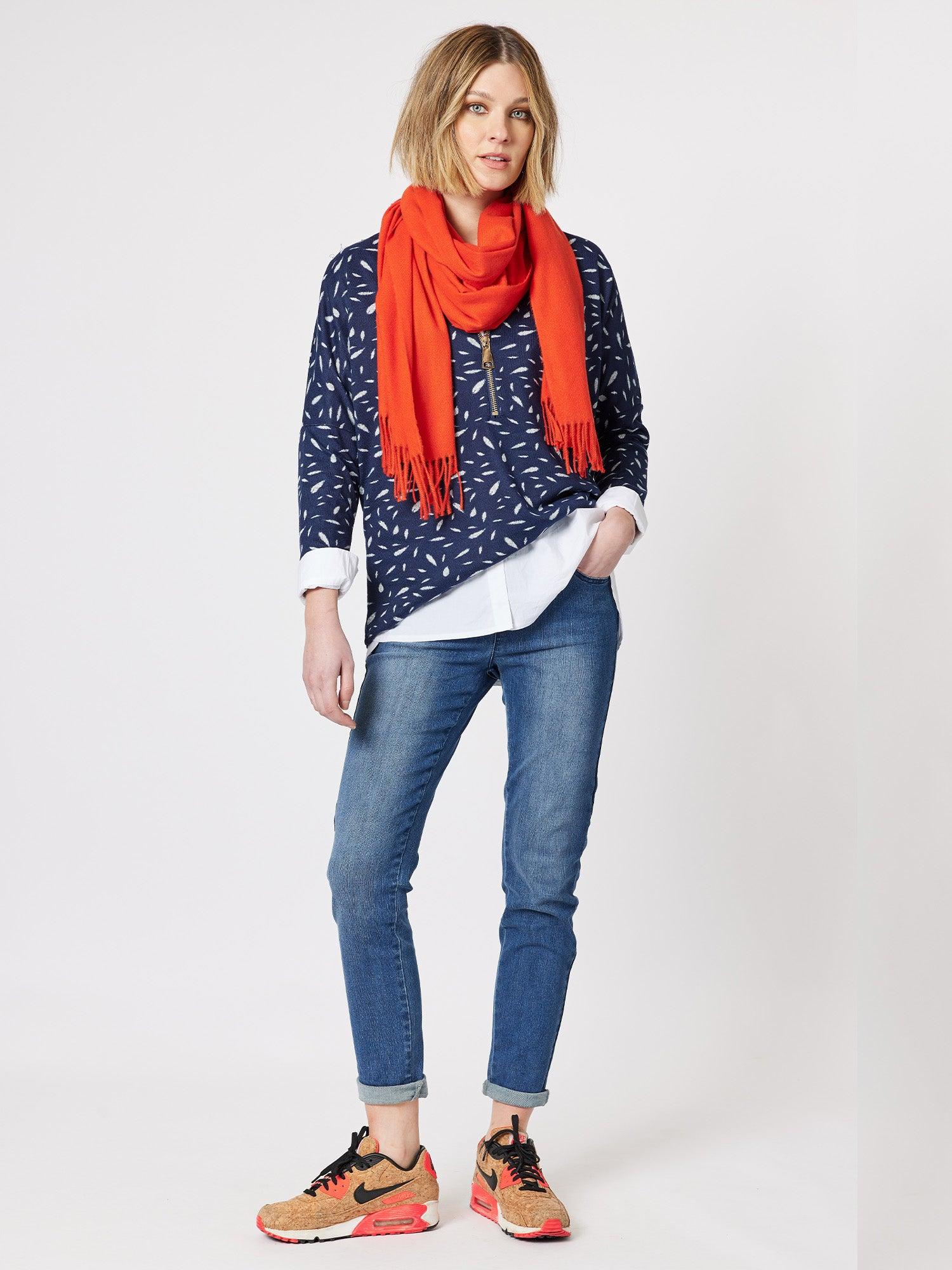 Printed Knit Zip Front Top - Navy