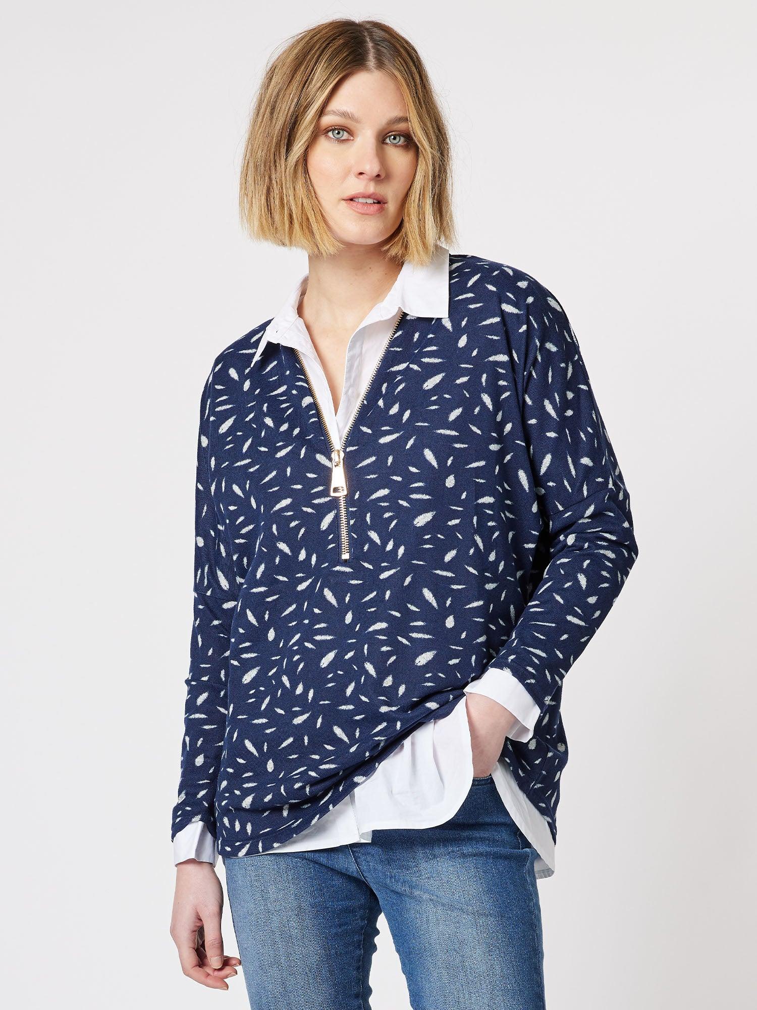 Printed Knit Zip Front Top - Navy