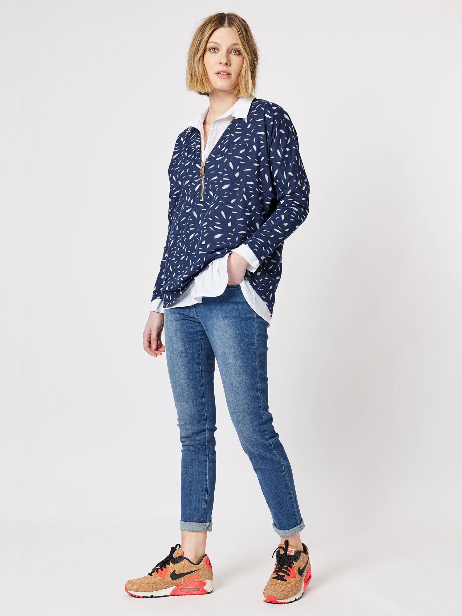 Printed Knit Zip Front Top - Navy